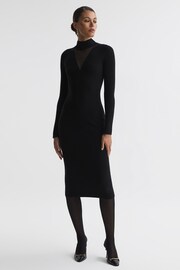 Reiss Black Sabrina Ribbed Mesh Panel Bodycon Midi Dress - Image 1 of 5