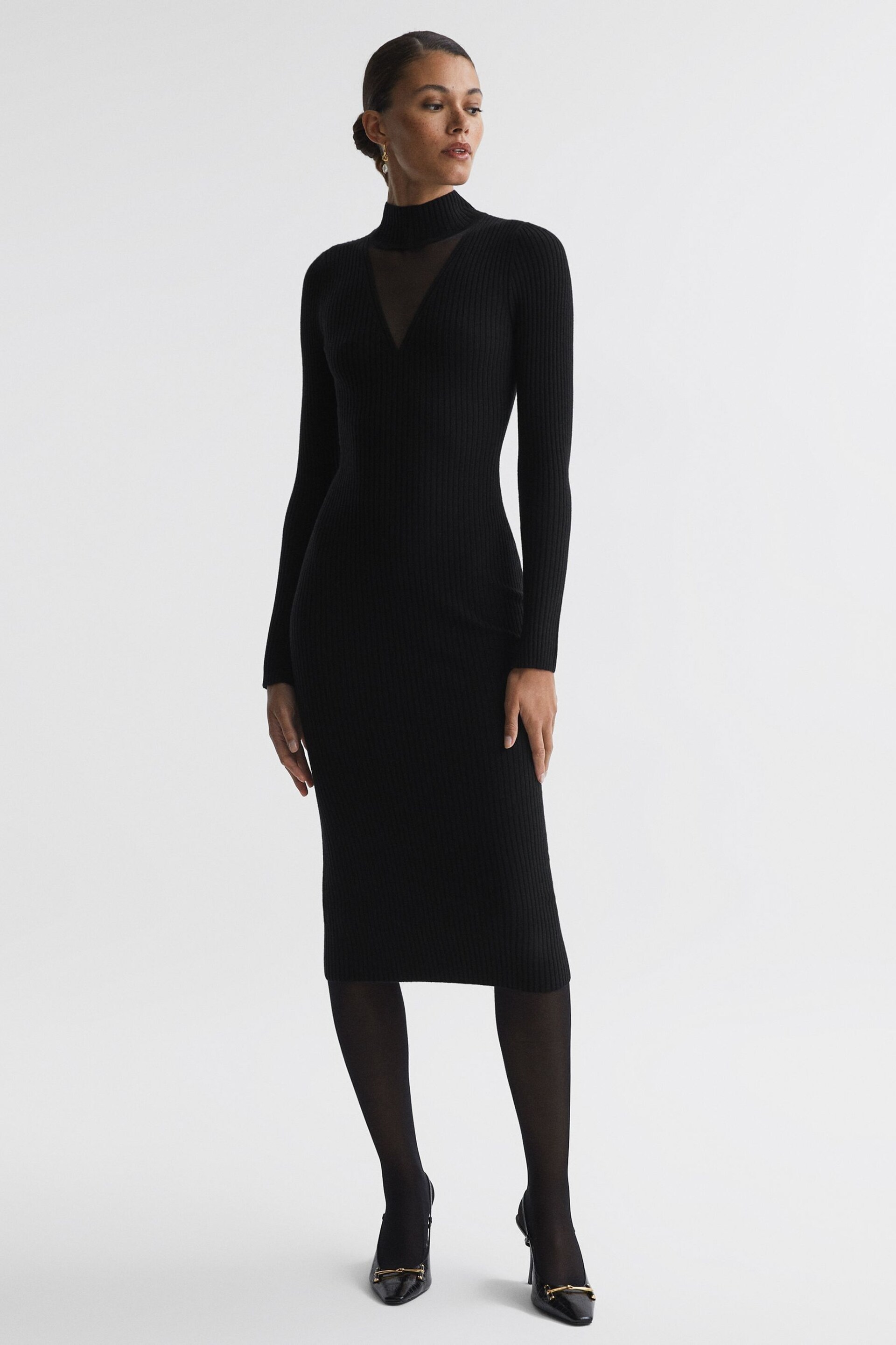 Reiss Black Sabrina Ribbed Mesh Panel Bodycon Midi Dress - Image 1 of 5