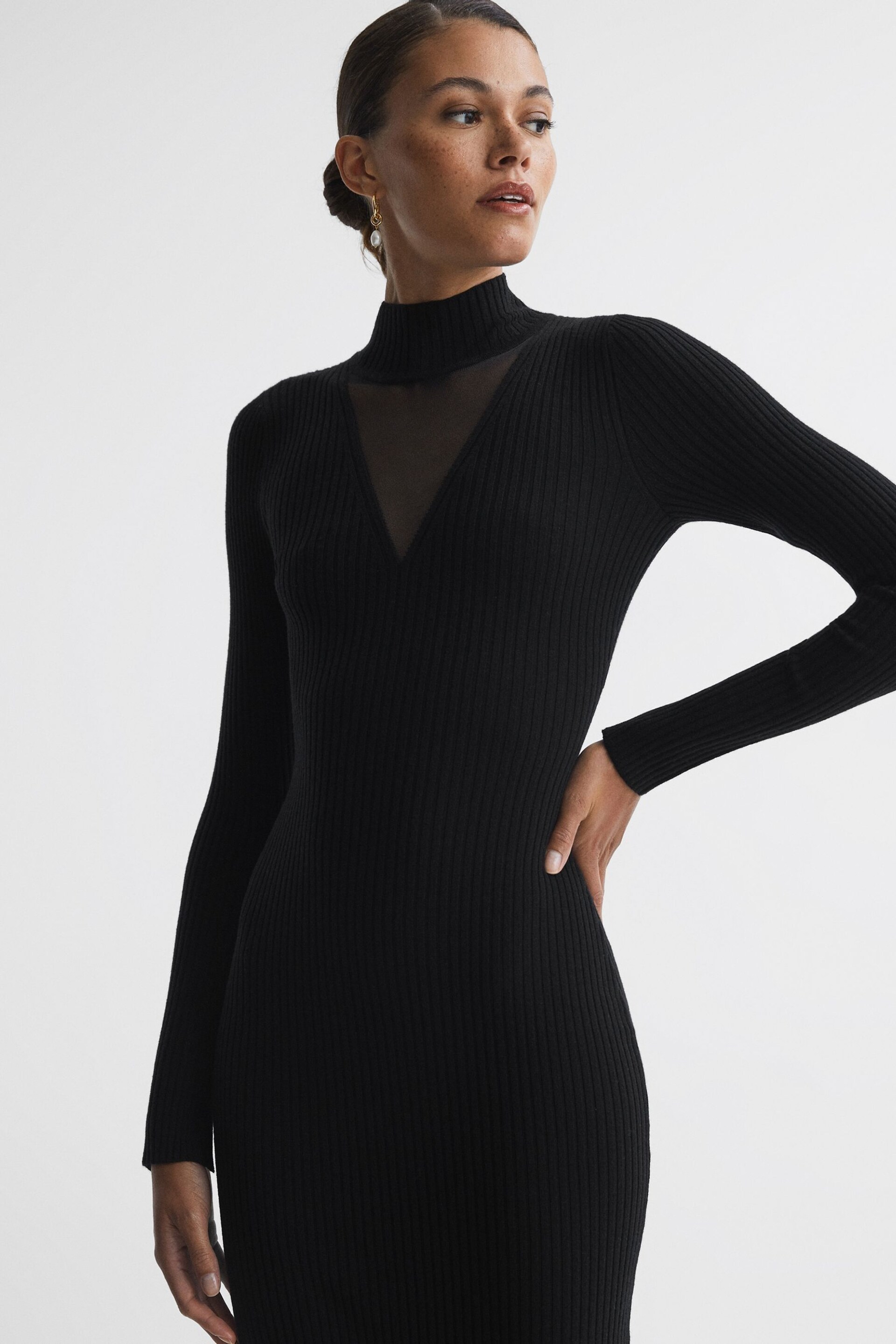 Reiss Black Sabrina Ribbed Mesh Panel Bodycon Midi Dress - Image 3 of 5