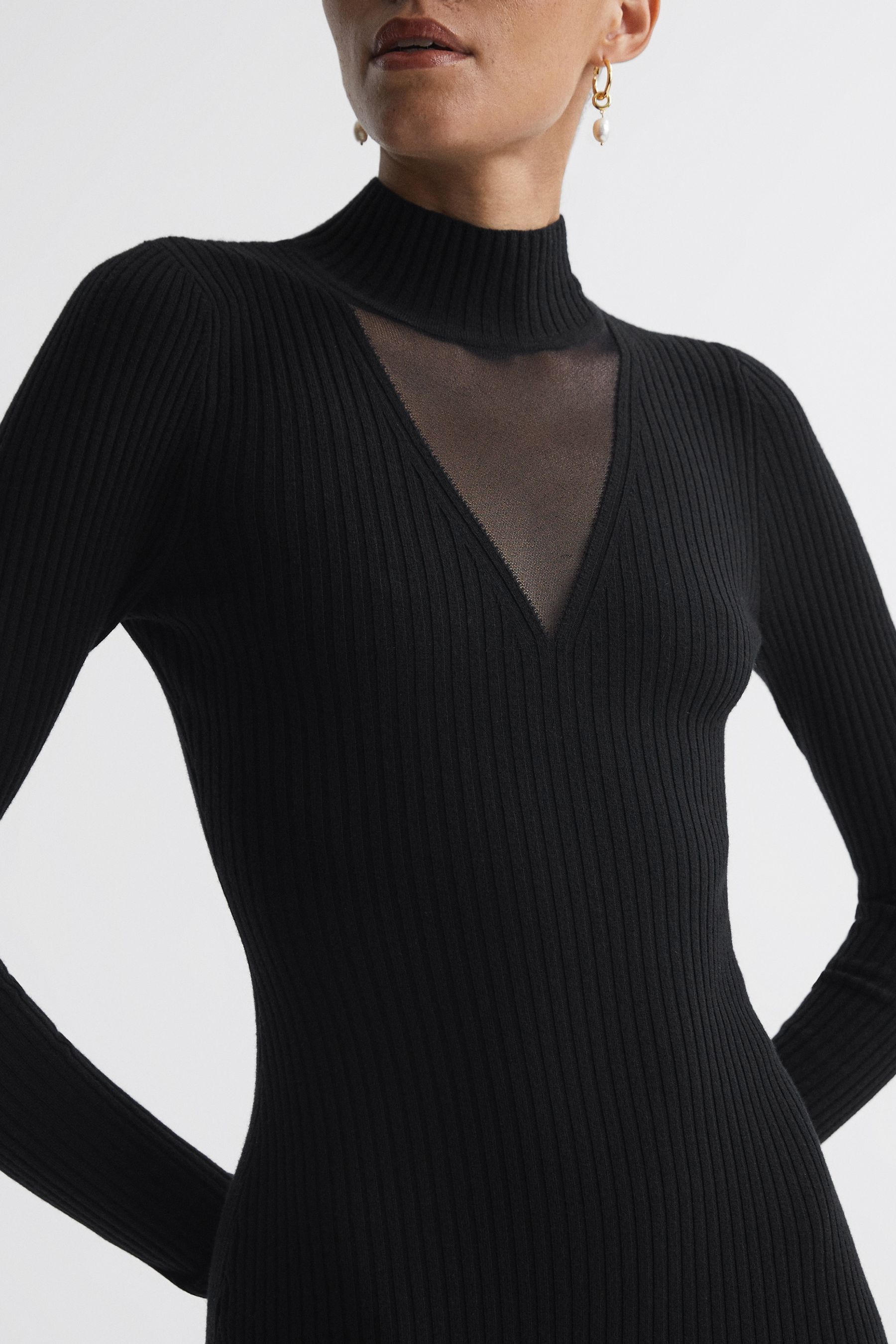 Buy Reiss Black Sabrina Ribbed Mesh Panel Bodycon Midi Dress from the Next UK online shop