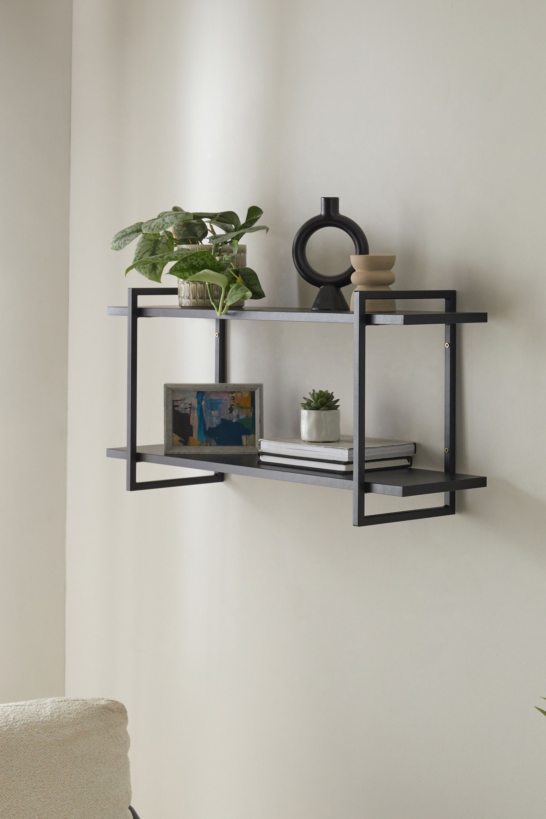 Black Concrete Effect Two Tier Wall Shelves
