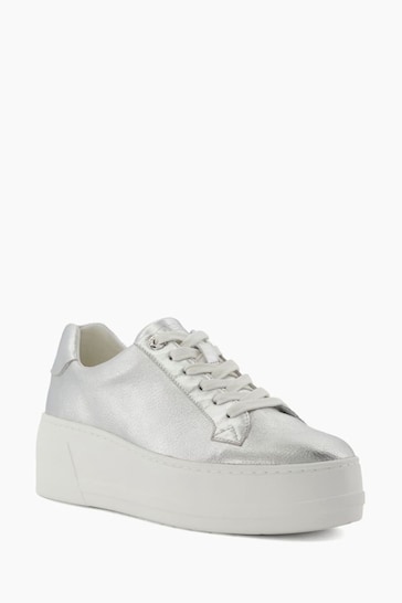 Dune London Silver Episode Leather Platform Trainers