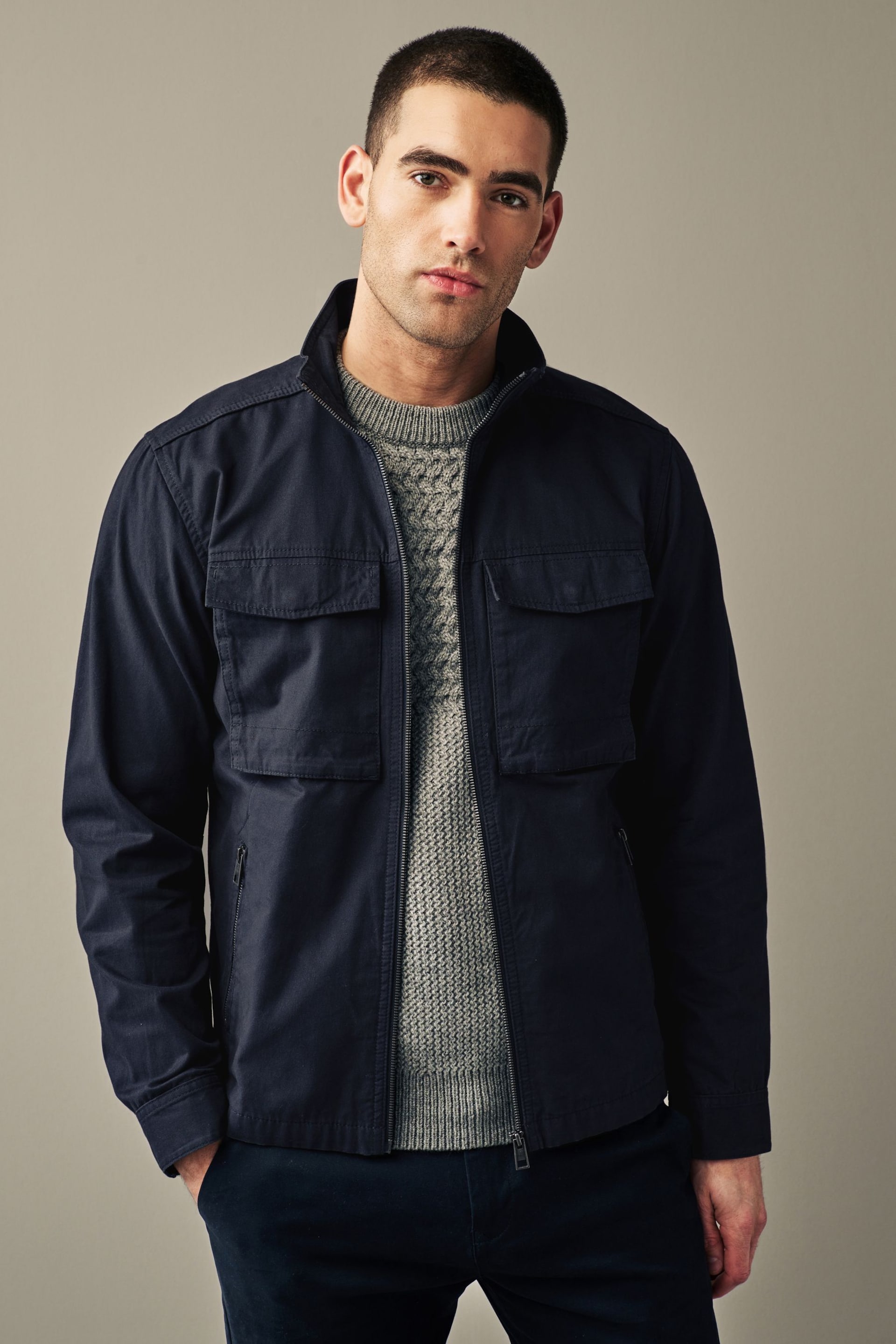 Navy Cotton Zip Up Shacket - Image 1 of 12