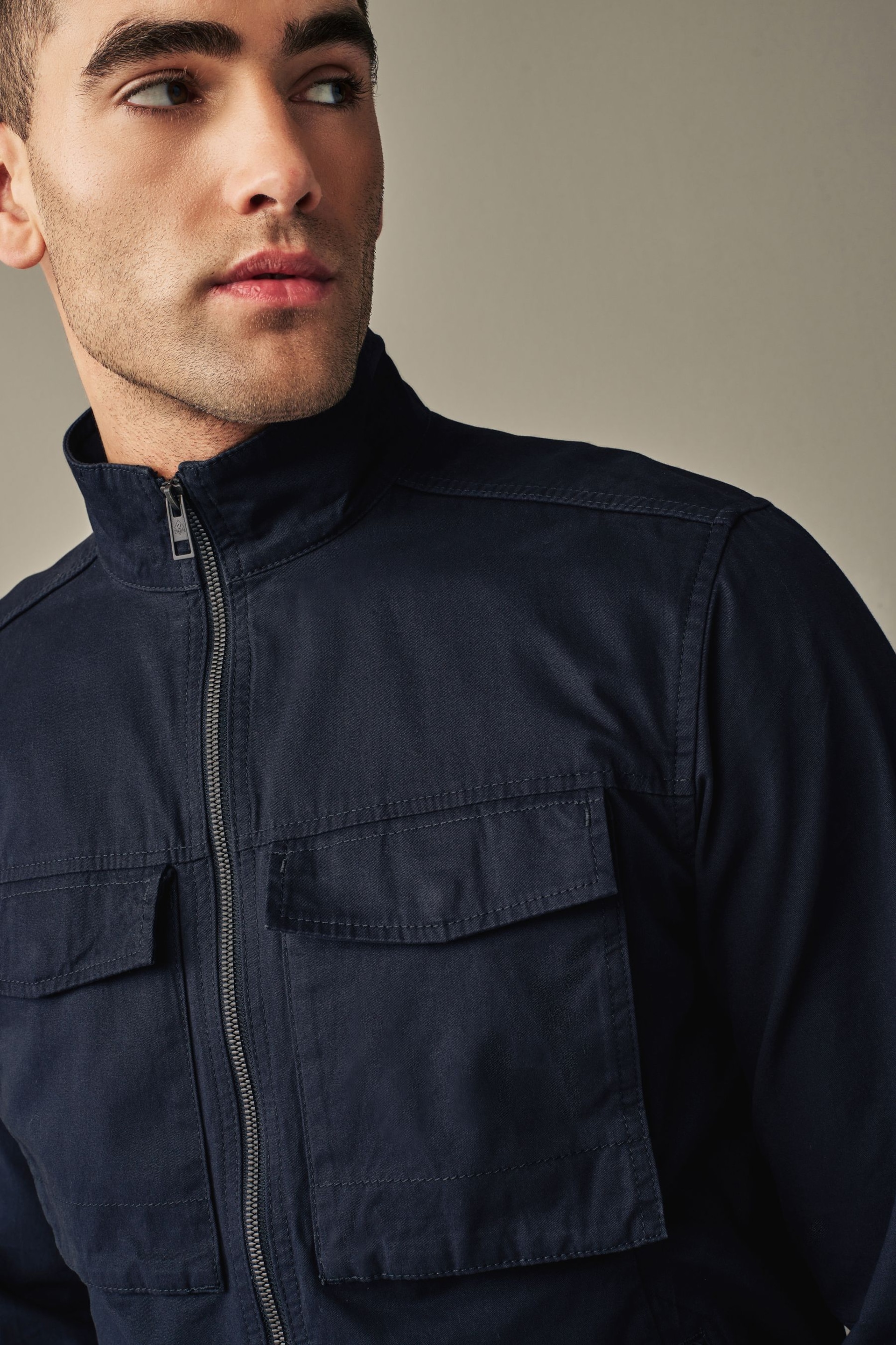 Navy Cotton Zip Up Shacket - Image 5 of 12