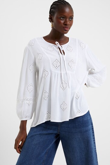 French Connection Boho Embroidered White Blouse