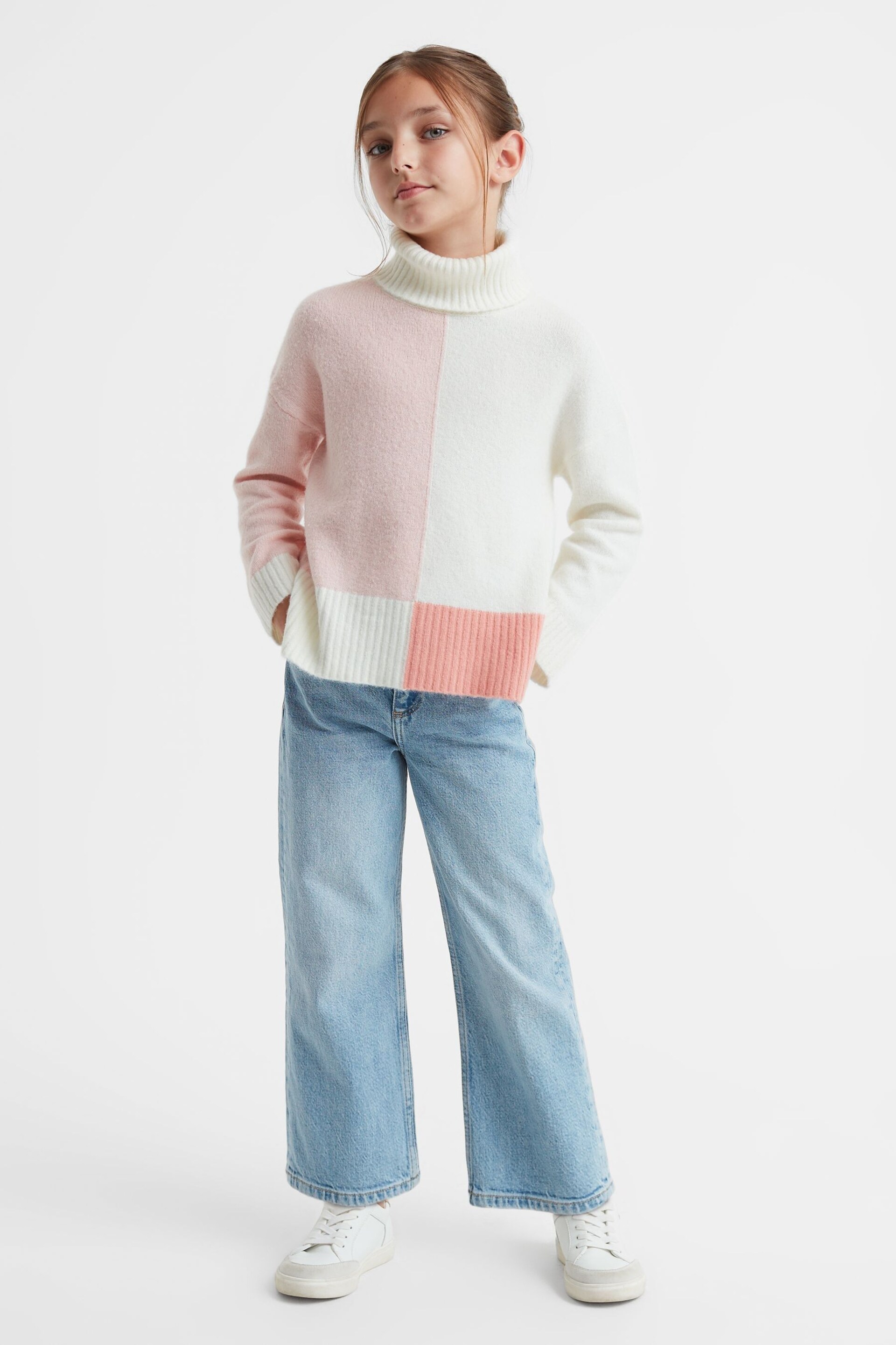 Reiss Ivory Gio Senior Knitted Colourblock Roll Neck Jumper - Image 1 of 6