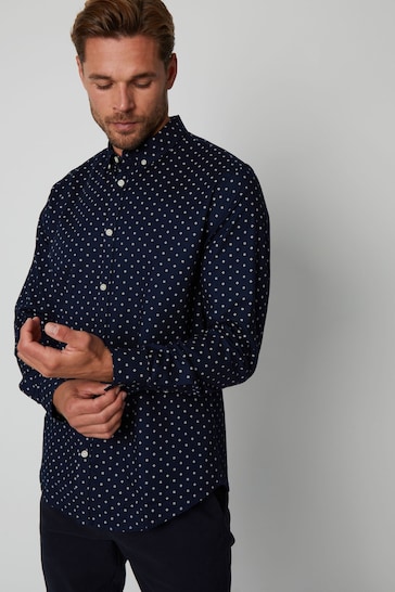 Threadbare Blue Geometric Print Long Sleeve Shirt With Stretch