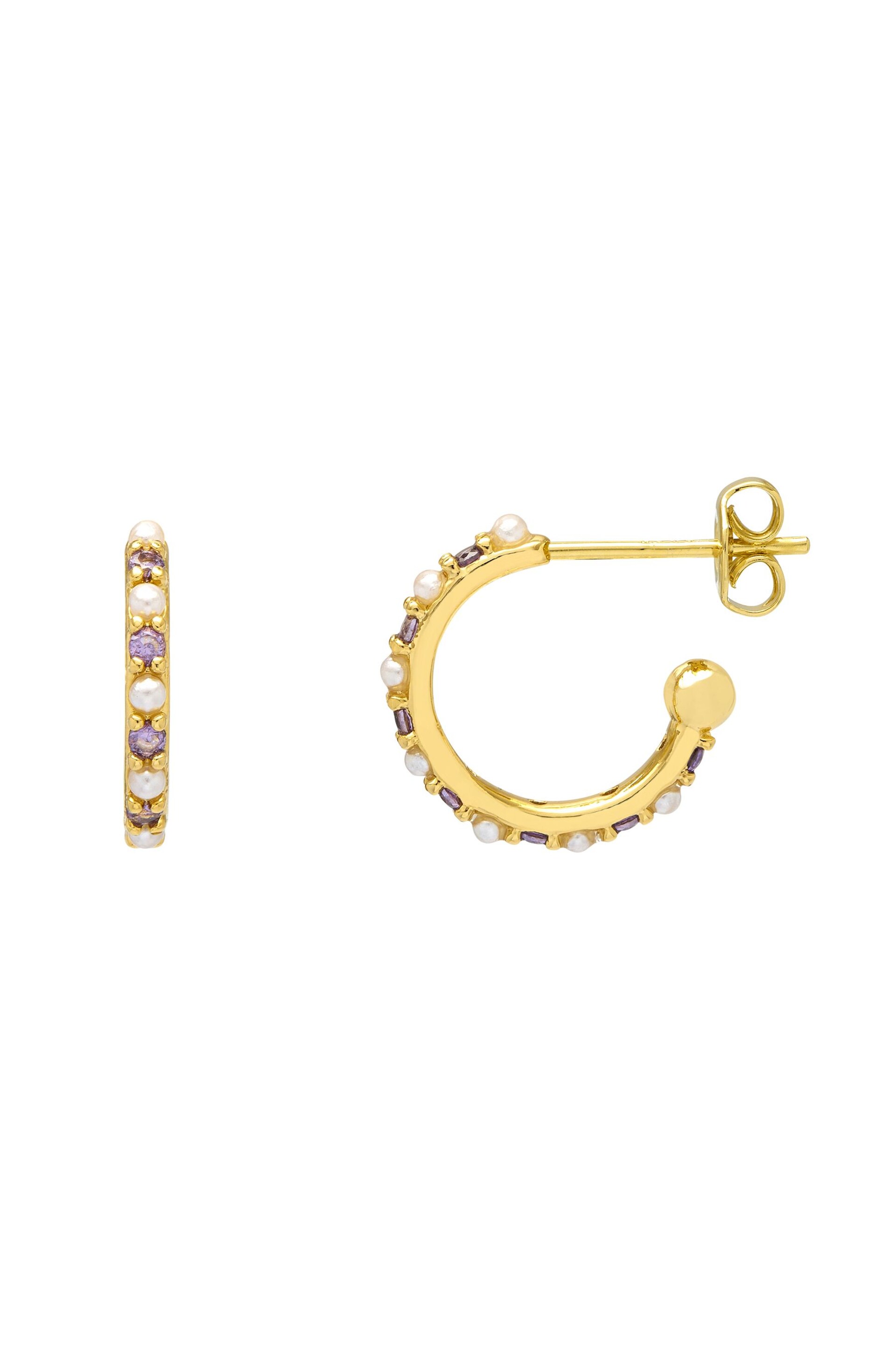 Estella Bartlett Gold Tone Pearl and Purple Cubic Zirconia Hoops - Image 1 of 3