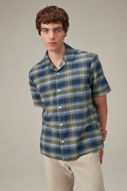 Navy/Green Textured Check Short Sleeve Shirt With Cuban Collar - Image 1 of 8