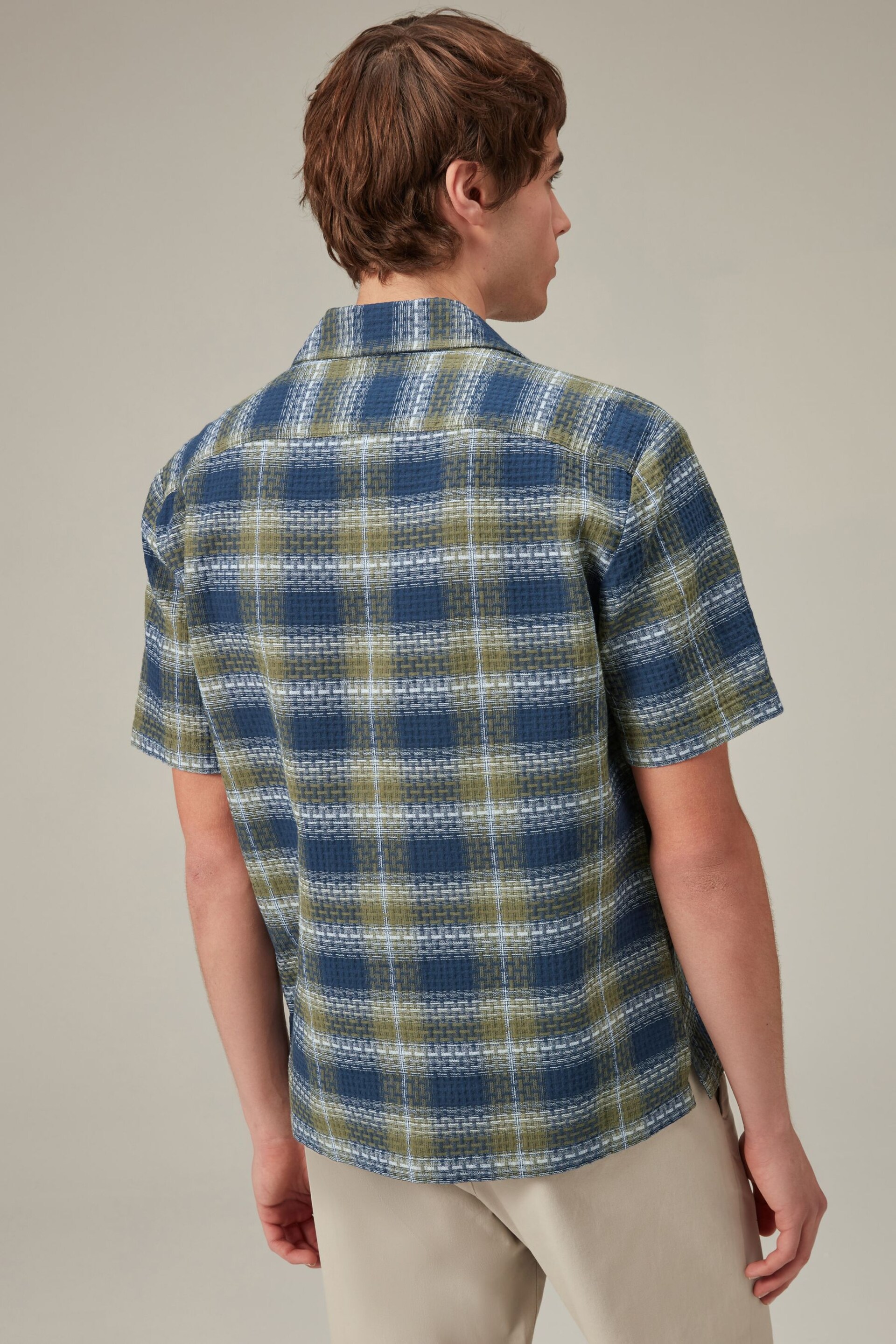 Navy/Green Textured Check Short Sleeve Shirt With Cuban Collar - Image 3 of 8