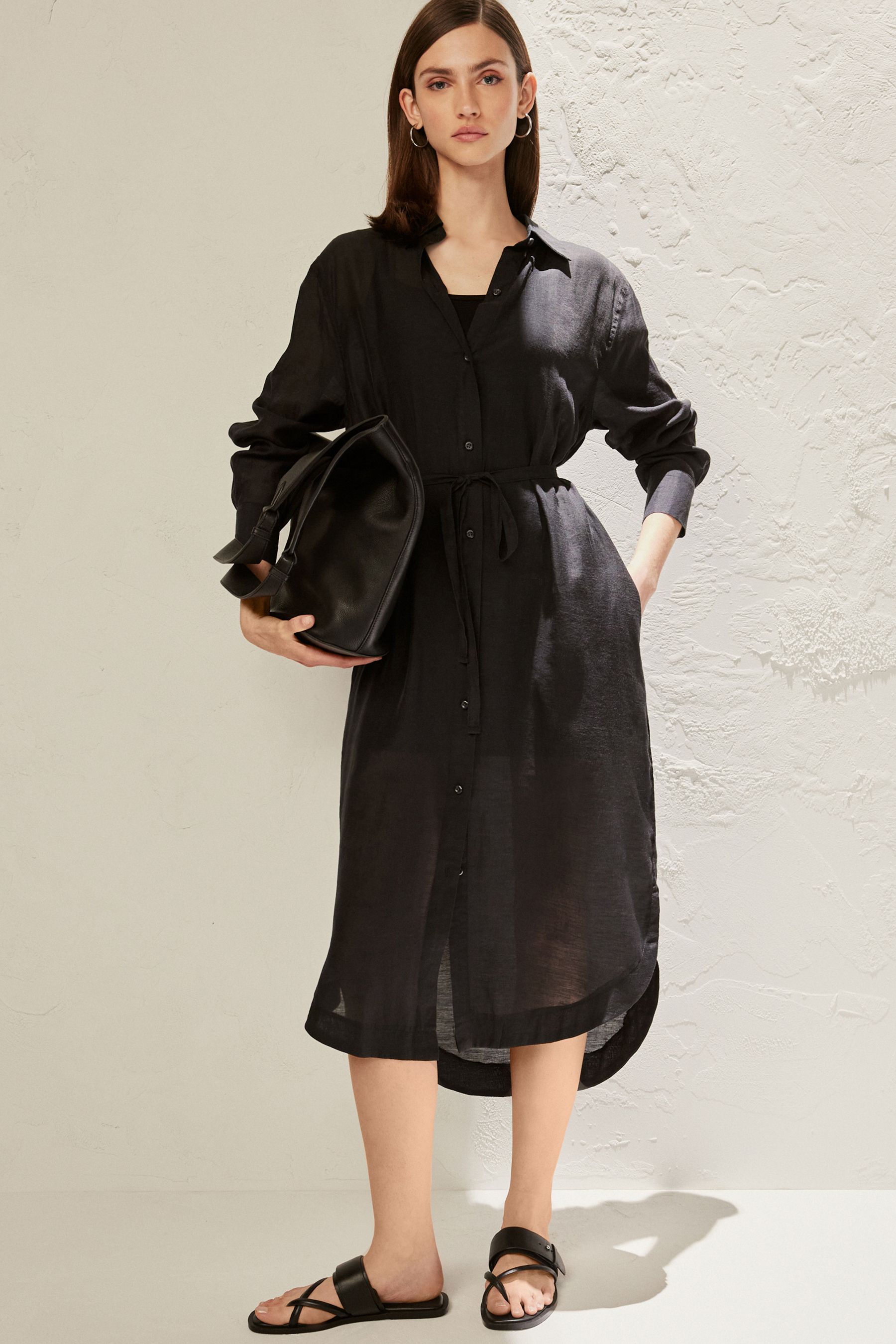 Buy Black TENCEL Blend Belted Shirt Dress with Linen from Next Luxembourg
