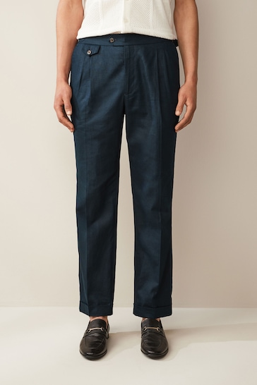 Navy Blue Linen Cotton Side Adjuster Trousers