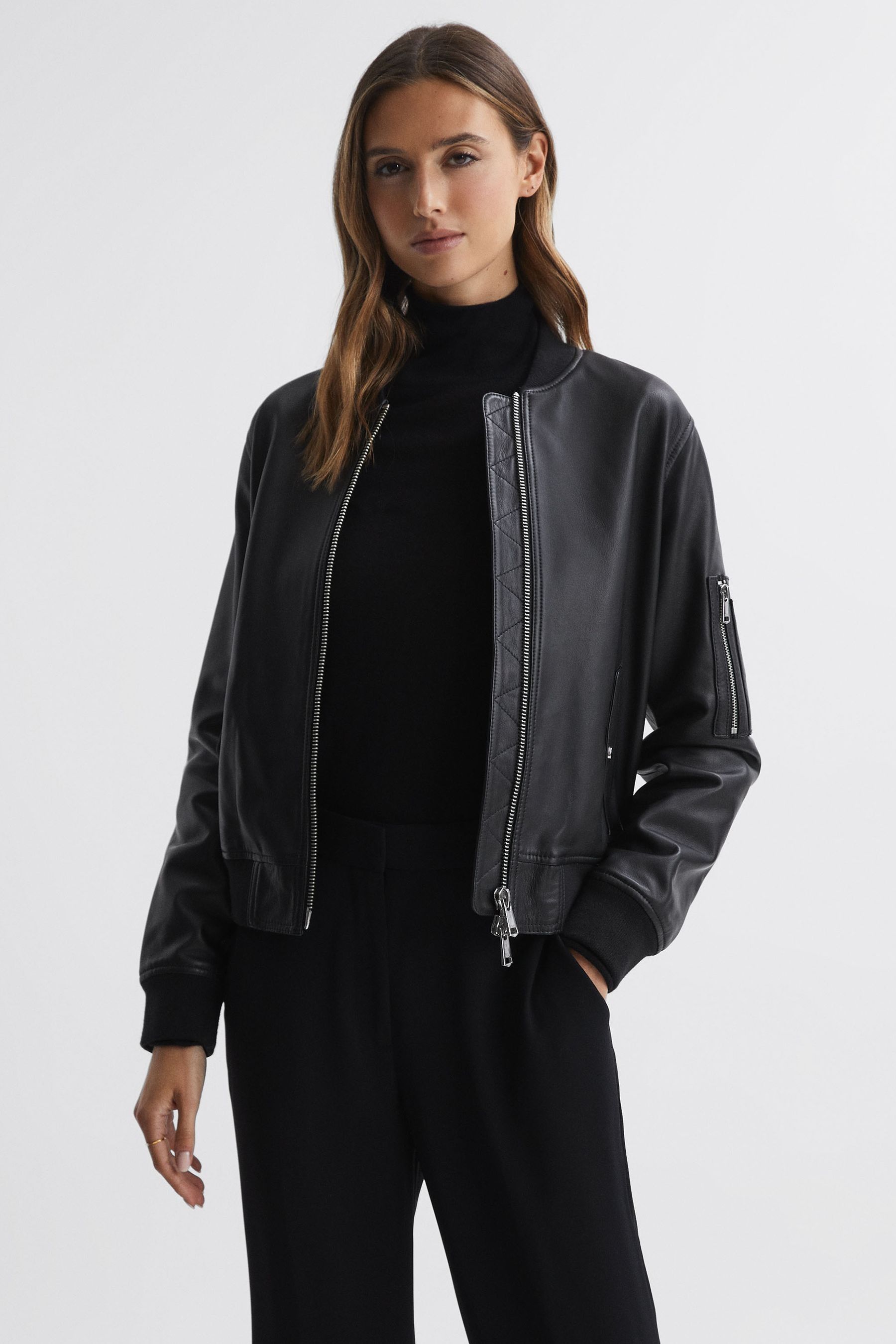 Buy Reiss Black Bradie Leather Zip Through Bomber Jacket from the Next UK online shop