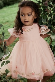 Pink Embroidered Mesh Party Dress (3mths-10yrs) - Image 1 of 8