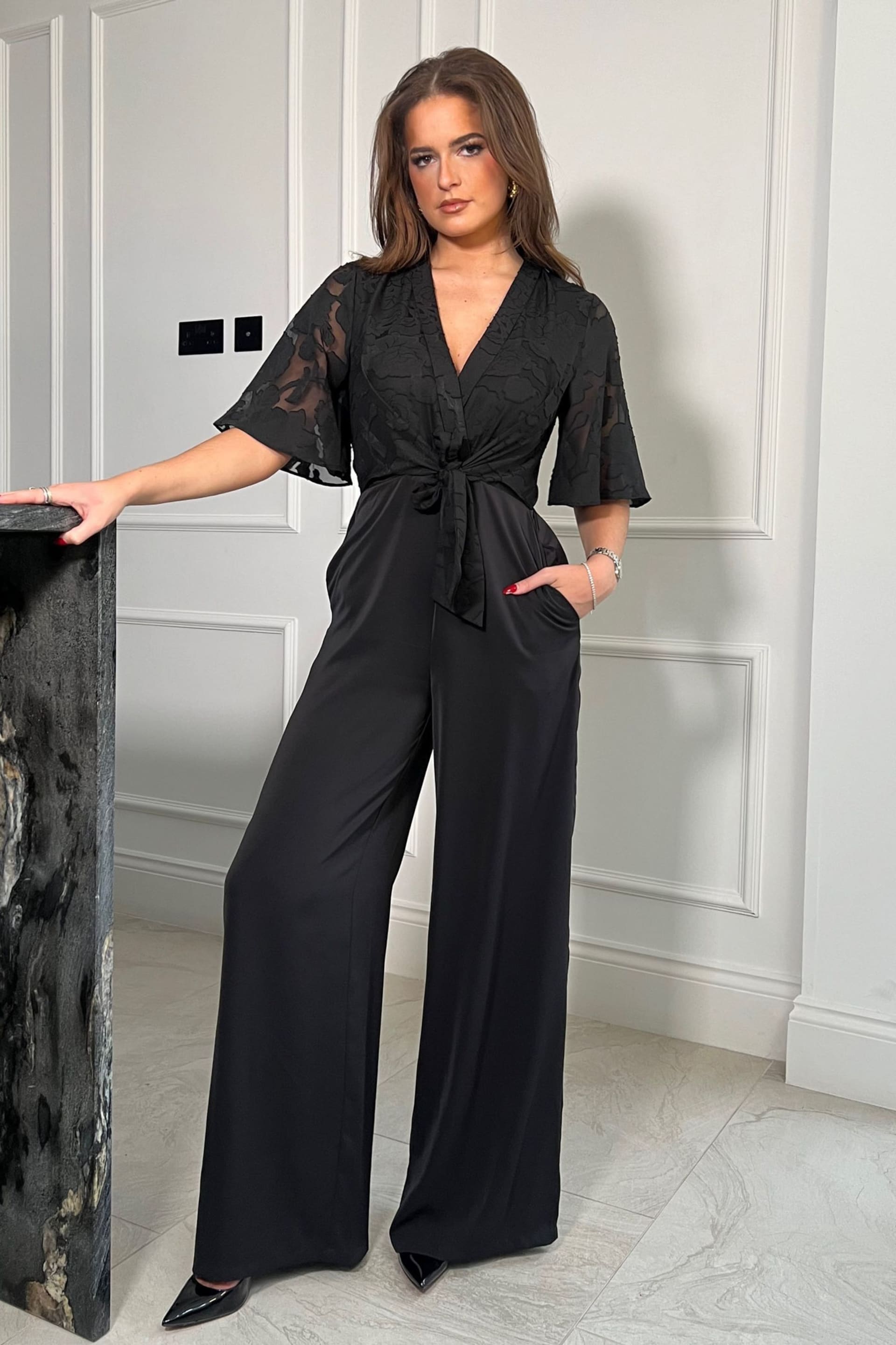 Girl In Mind Black Burn Out Floral Viola Wrap Tie Detail Wide Leg Jumpsuit - Image 1 of 4