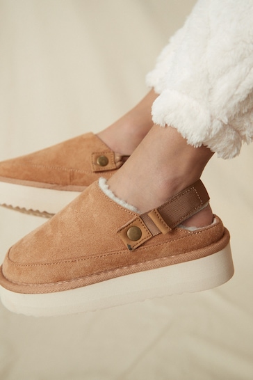 Tan Brown Faux Fur Lined Platform Ankle Strap Slippers