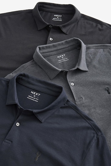Navy Blue/Grey/Black Long Sleeve Jersey Polo Shirts 3 Pack