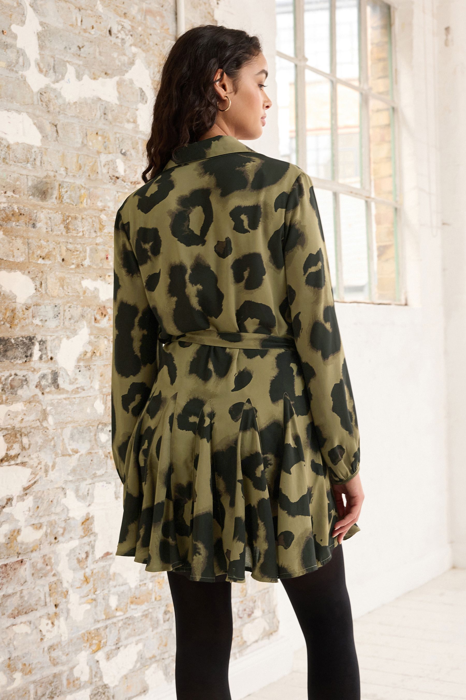 Khaki animal print shirt dress clearance