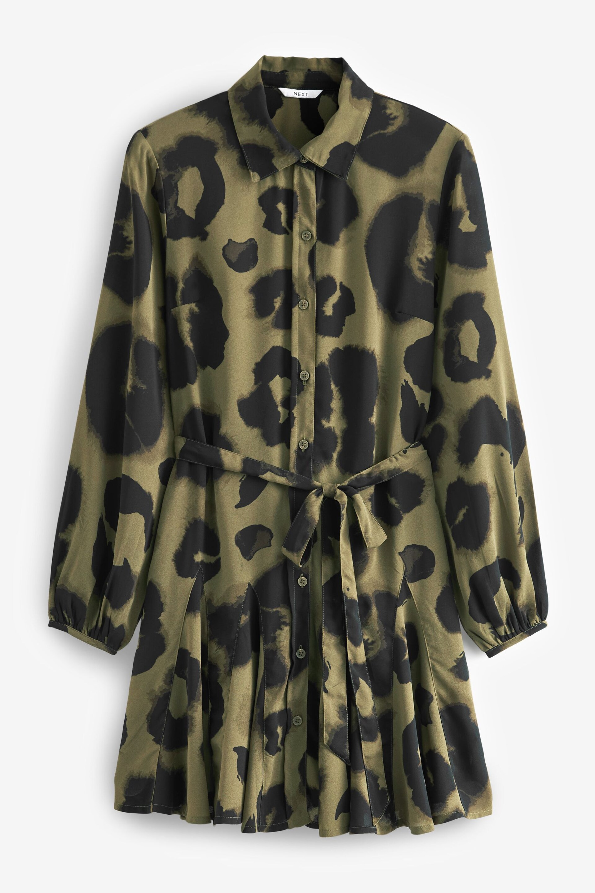 Khaki Green/Black Animal Print Mini Tie Belt Shirt Dress - Image 5 of 6