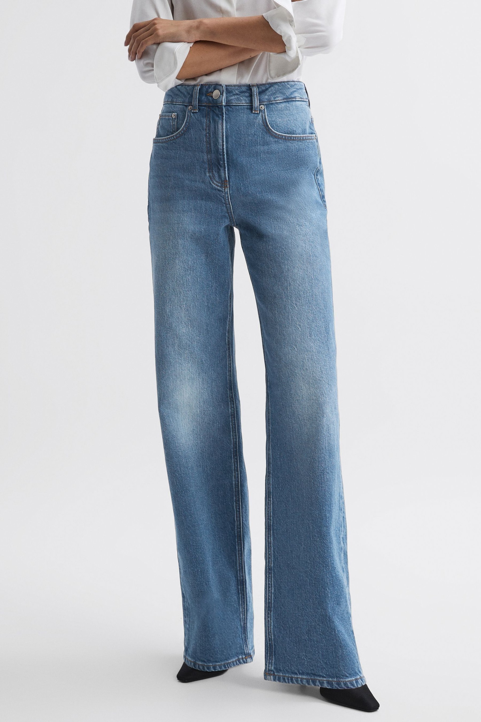 Reiss Mid Blue Marion Mid Rise Wide Leg Jeans - Image 3 of 4