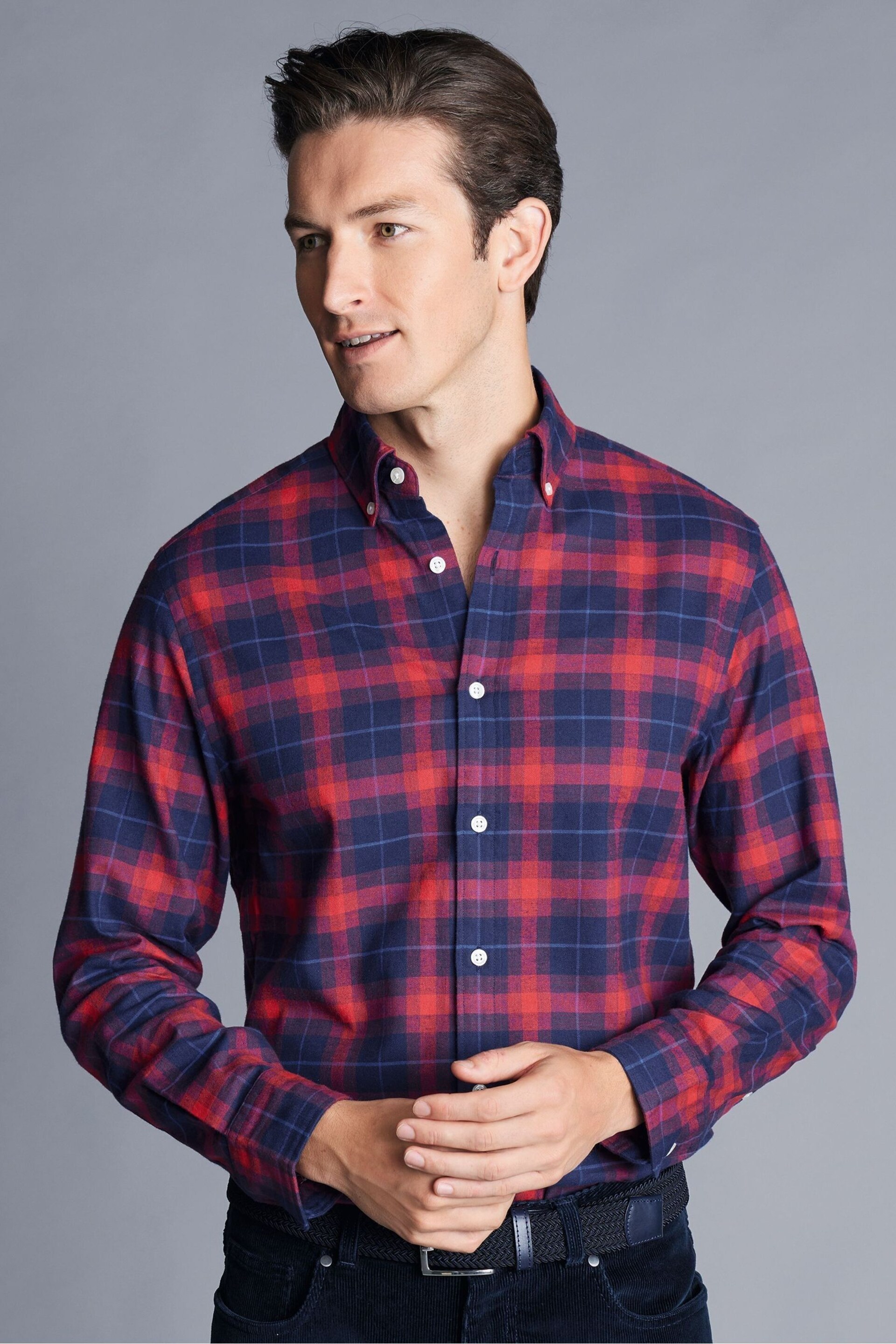 Charles Tyrwhitt Red Slim Fit Check Brushed Flannel Shirt - Image 2 of 6