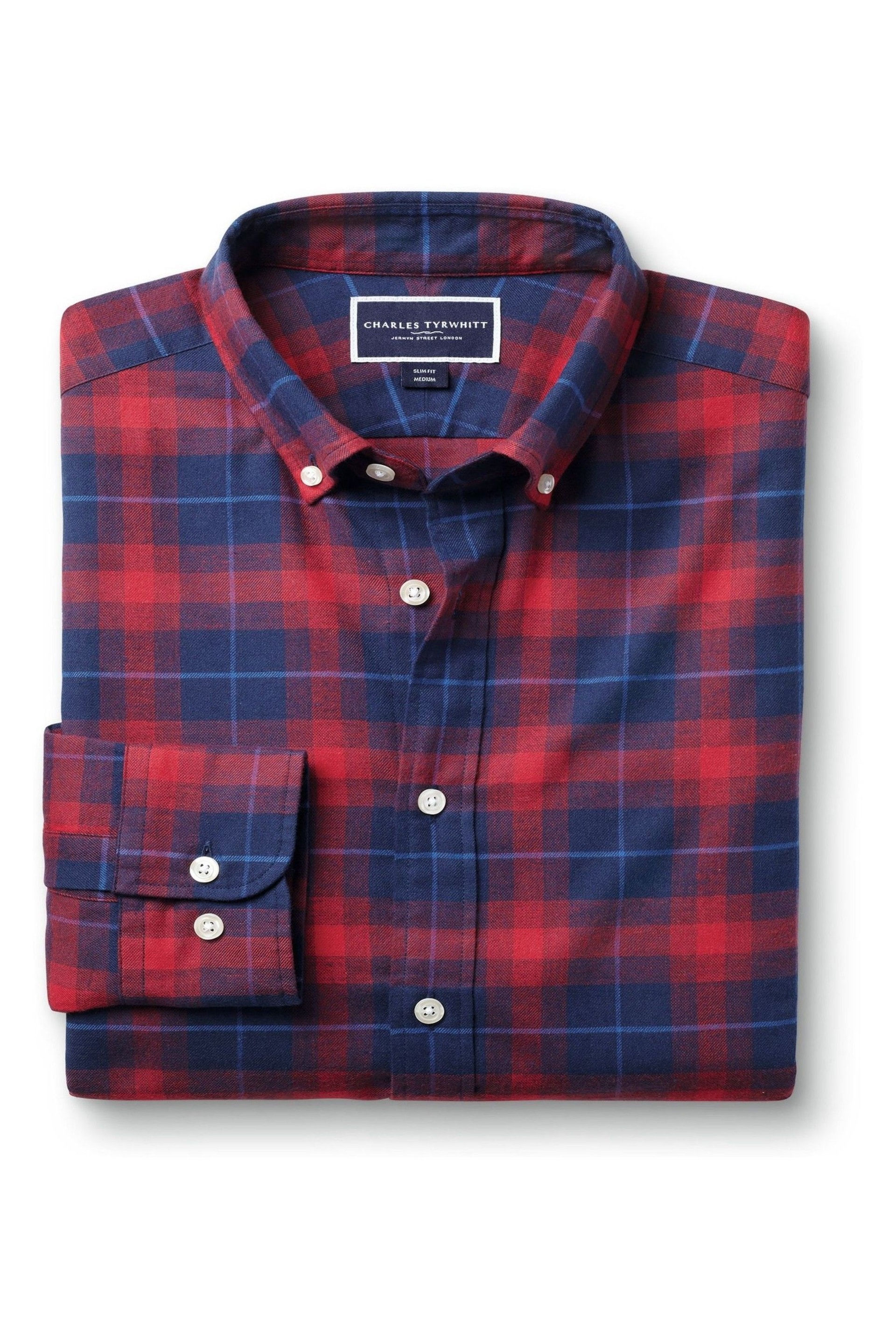 Charles Tyrwhitt Red Slim Fit Check Brushed Flannel Shirt - Image 5 of 5