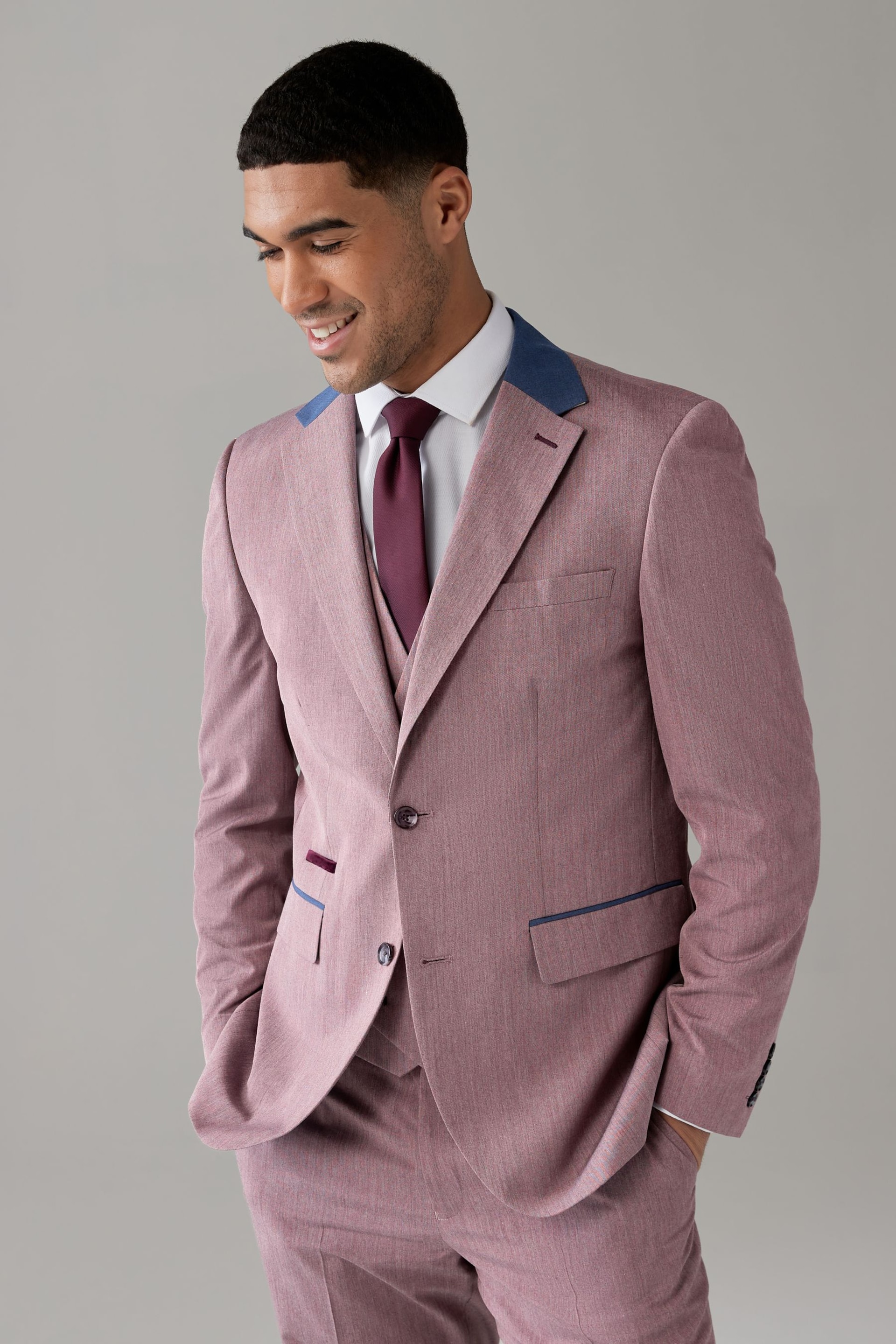 Pink Tailored Fit Trimmed Plain Suit Jacket - Image 2 of 11