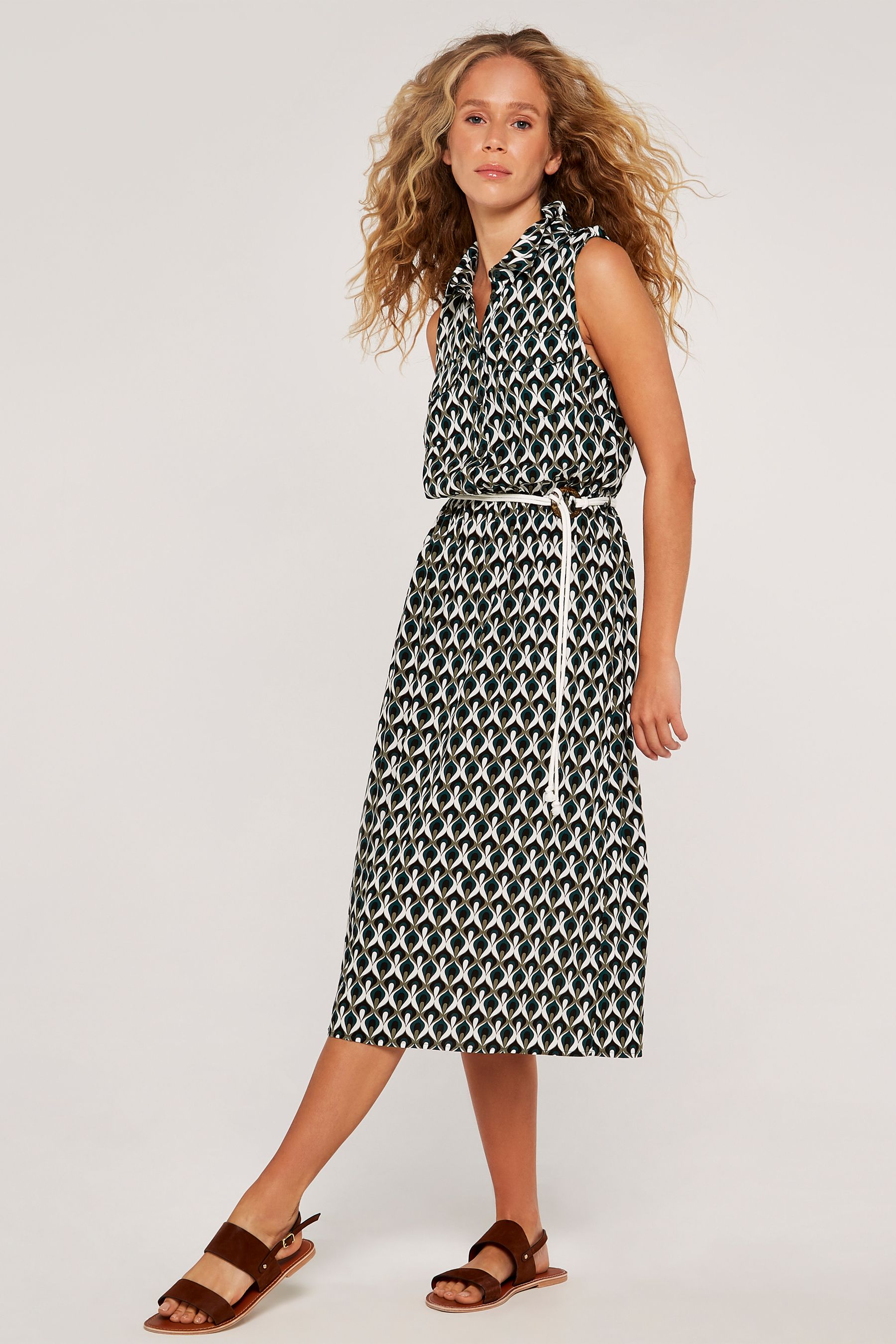 Apricot Green Geo Print Midi Shirt Dress