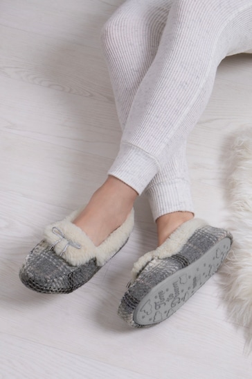 Totes Grey Ladies Brushed Check Moccasin Slippers