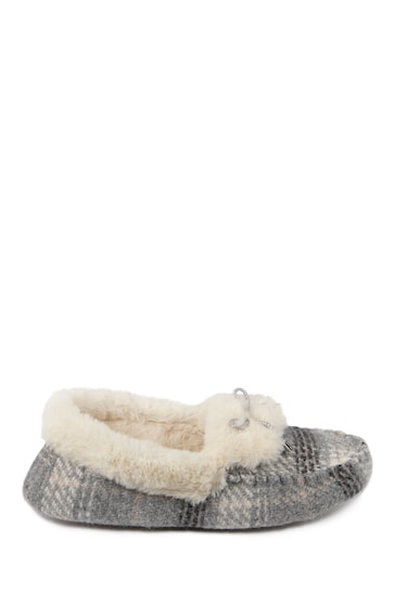 Totes Grey Ladies Brushed Check Moccasin Slippers