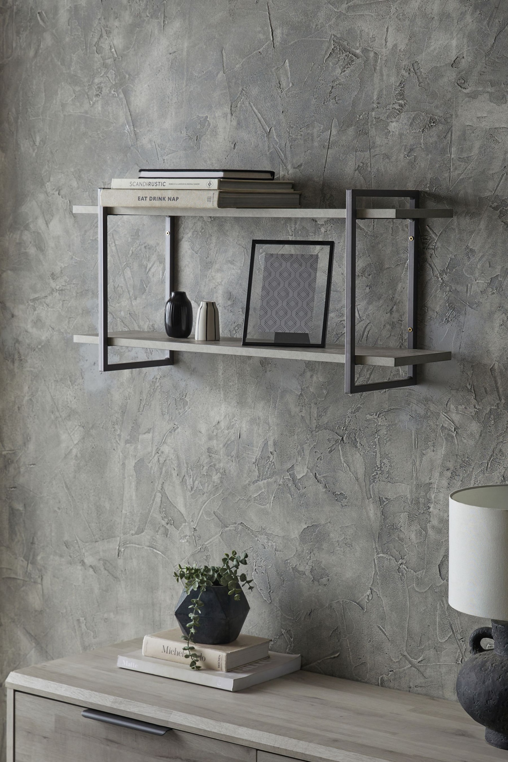 Grey Concrete Effect Two Tier Wall Shelves - Image 3 of 6