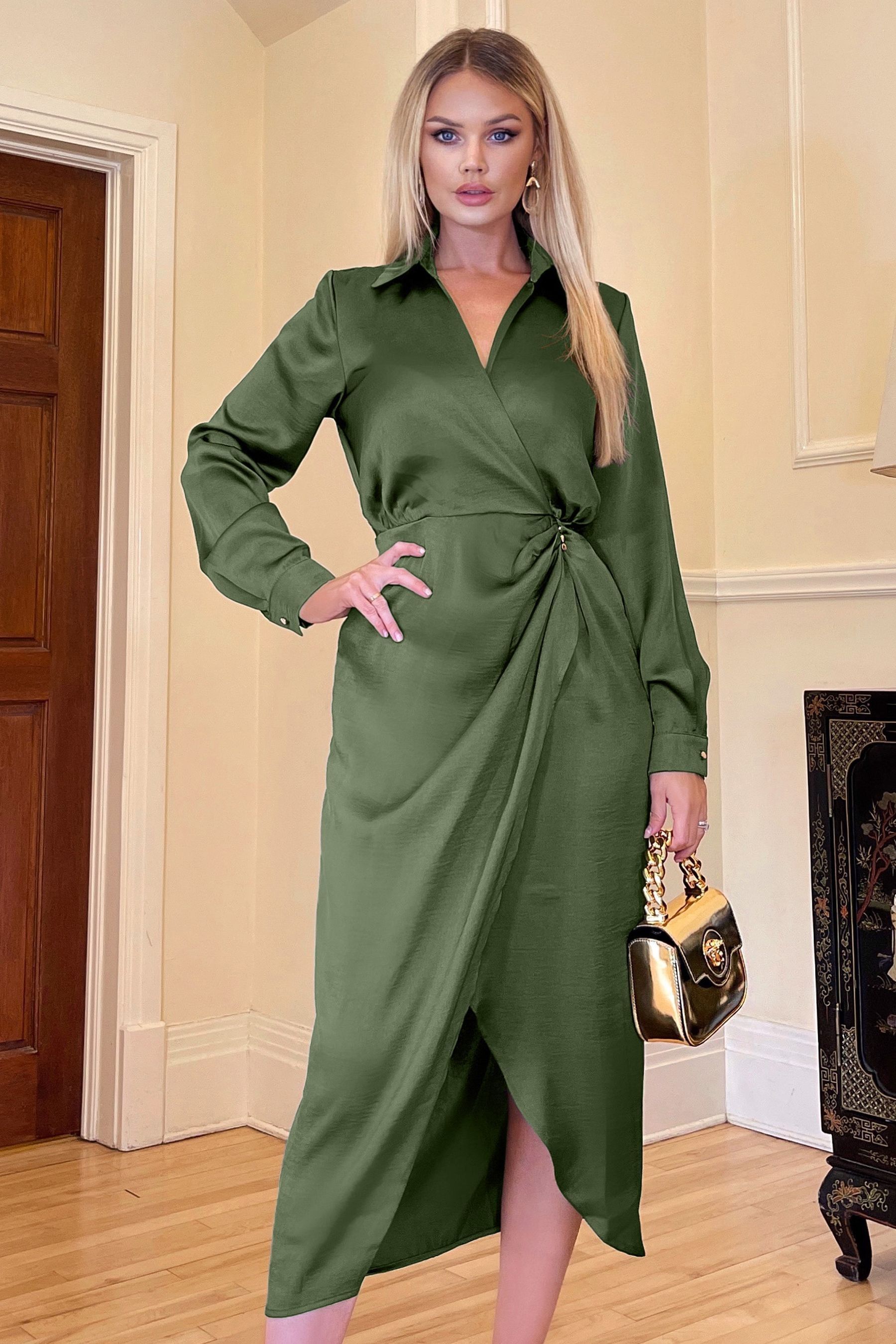Olive green top wrap dress