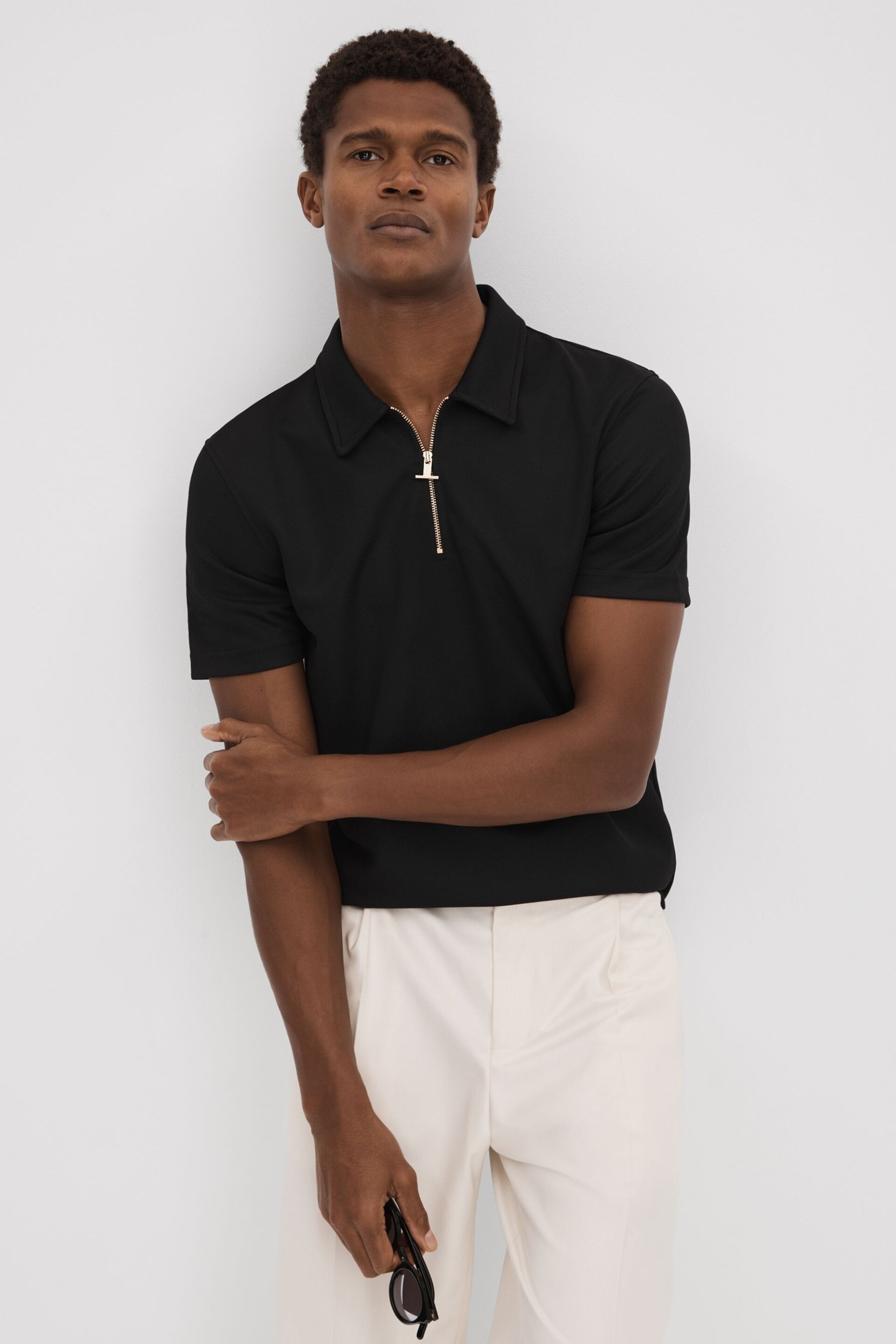 Reiss Black Floyd Slim Fit Half-Zip Polo Shirt - Image 6 of 6