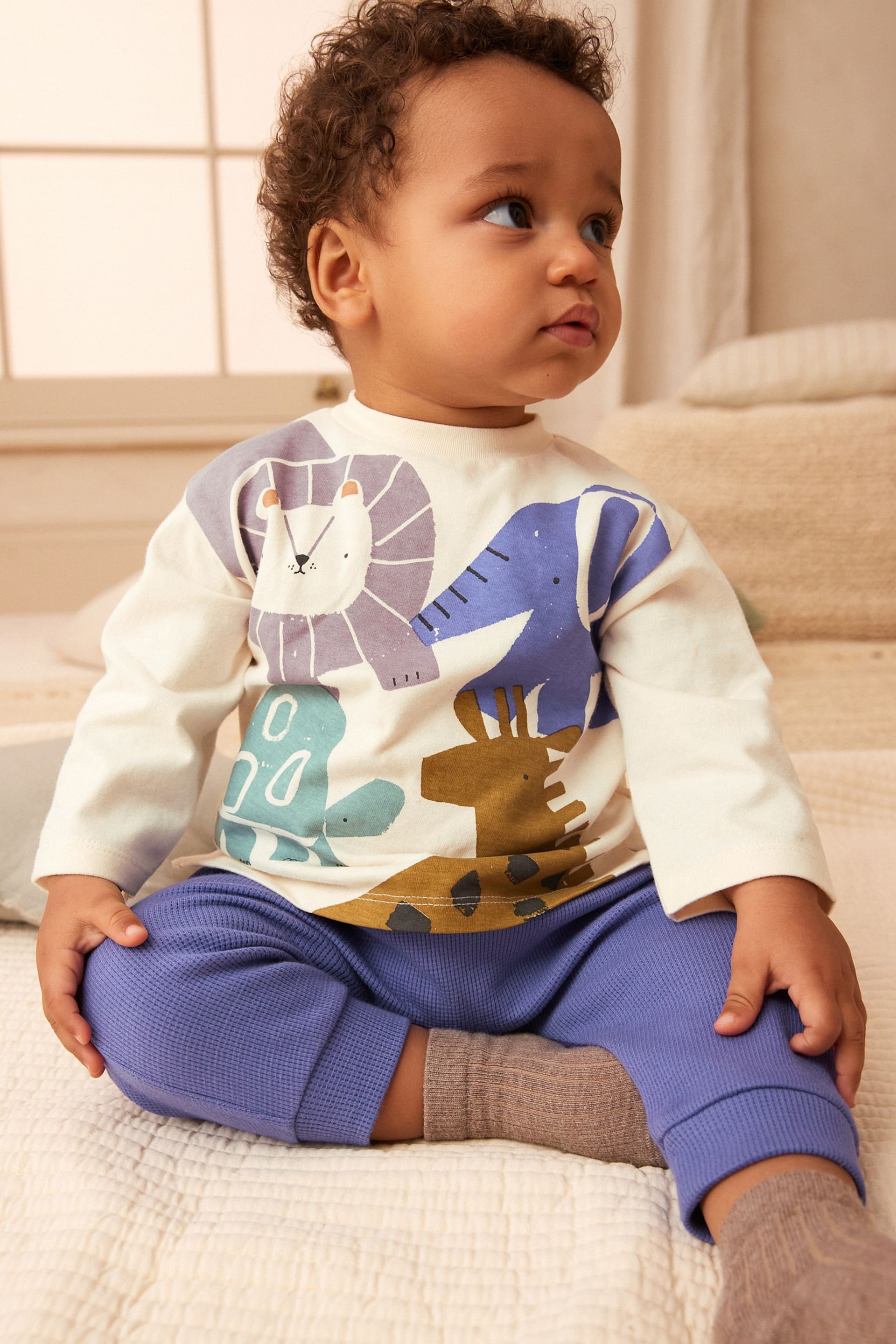 White/Cobalt Blue Safari Character Baby Top and Leggings 2 Piece Set - Image 1 of 5