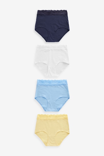 White/Blue/Yellow Full Brief Cotton and Lace Knickers 4 Pack