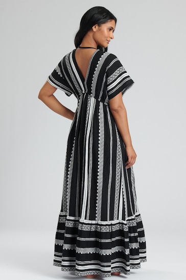 South Beach Black Embroidered Jacquard V-Neck Tiered Maxi Dress