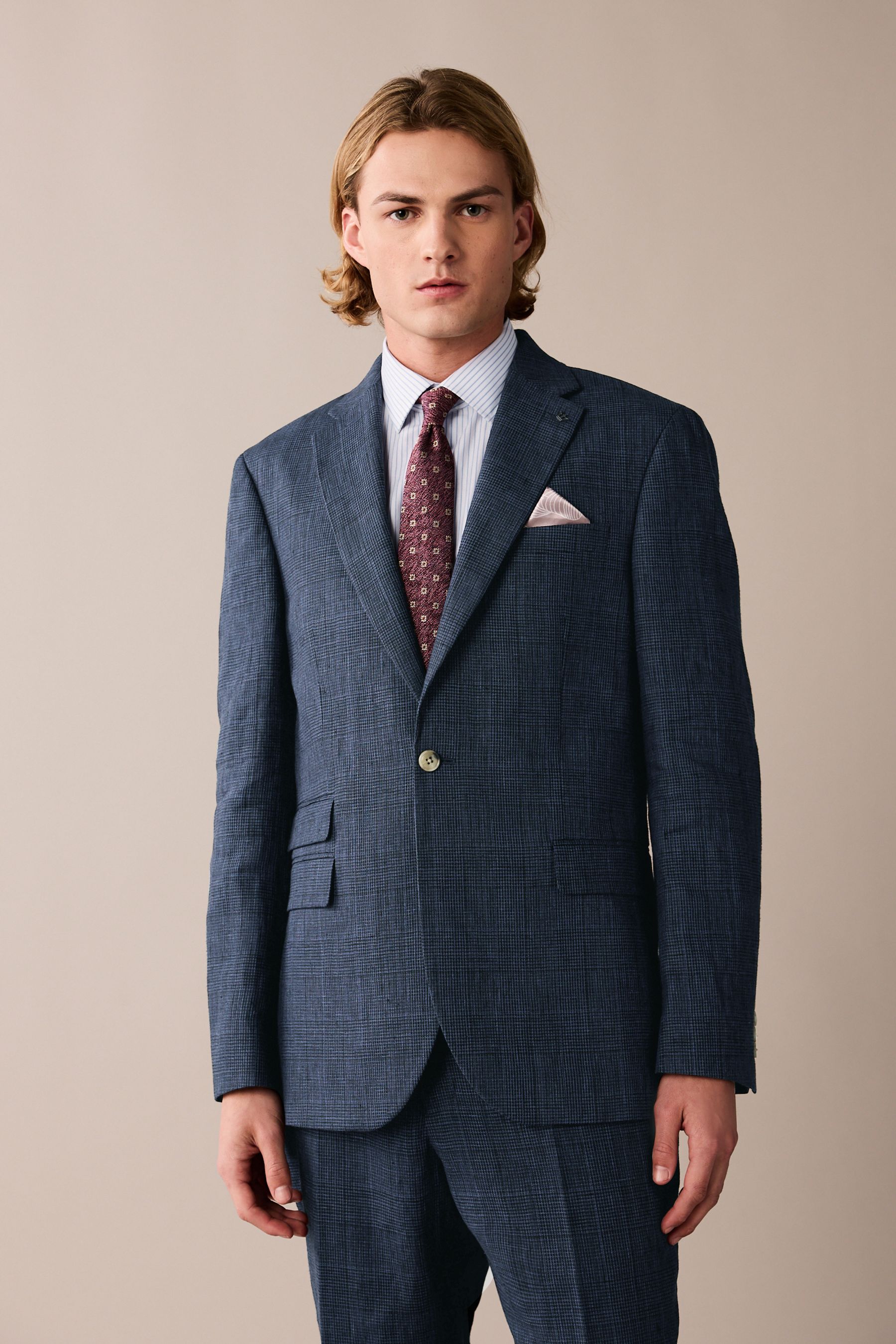 Buy Navy Regular Fit Linen Check Suit Jacket from Next Luxembourg