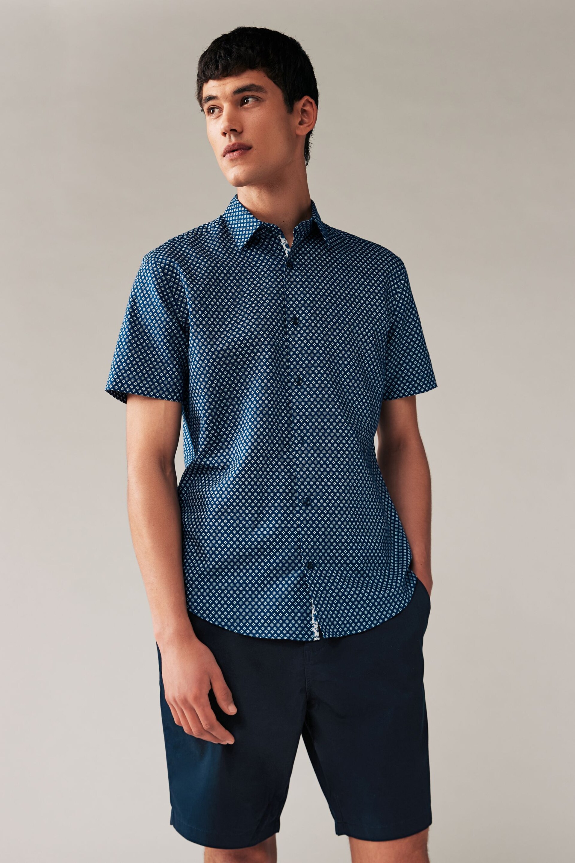 Navy Blue Geometric Printed Linen Blend Shirt - Image 1 of 8