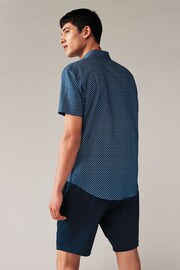 Navy Blue Geometric Printed Linen Blend Shirt - Image 3 of 8