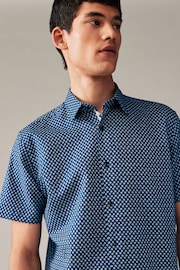 Navy Blue Geometric Printed Linen Blend Shirt - Image 4 of 8