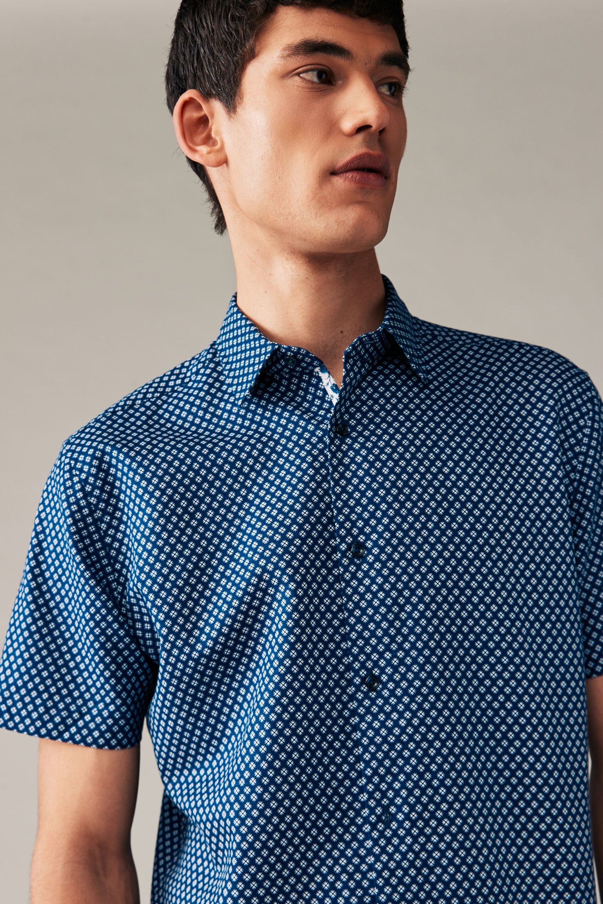 Navy Blue Geometric Printed Linen Blend Shirt - Image 4 of 8