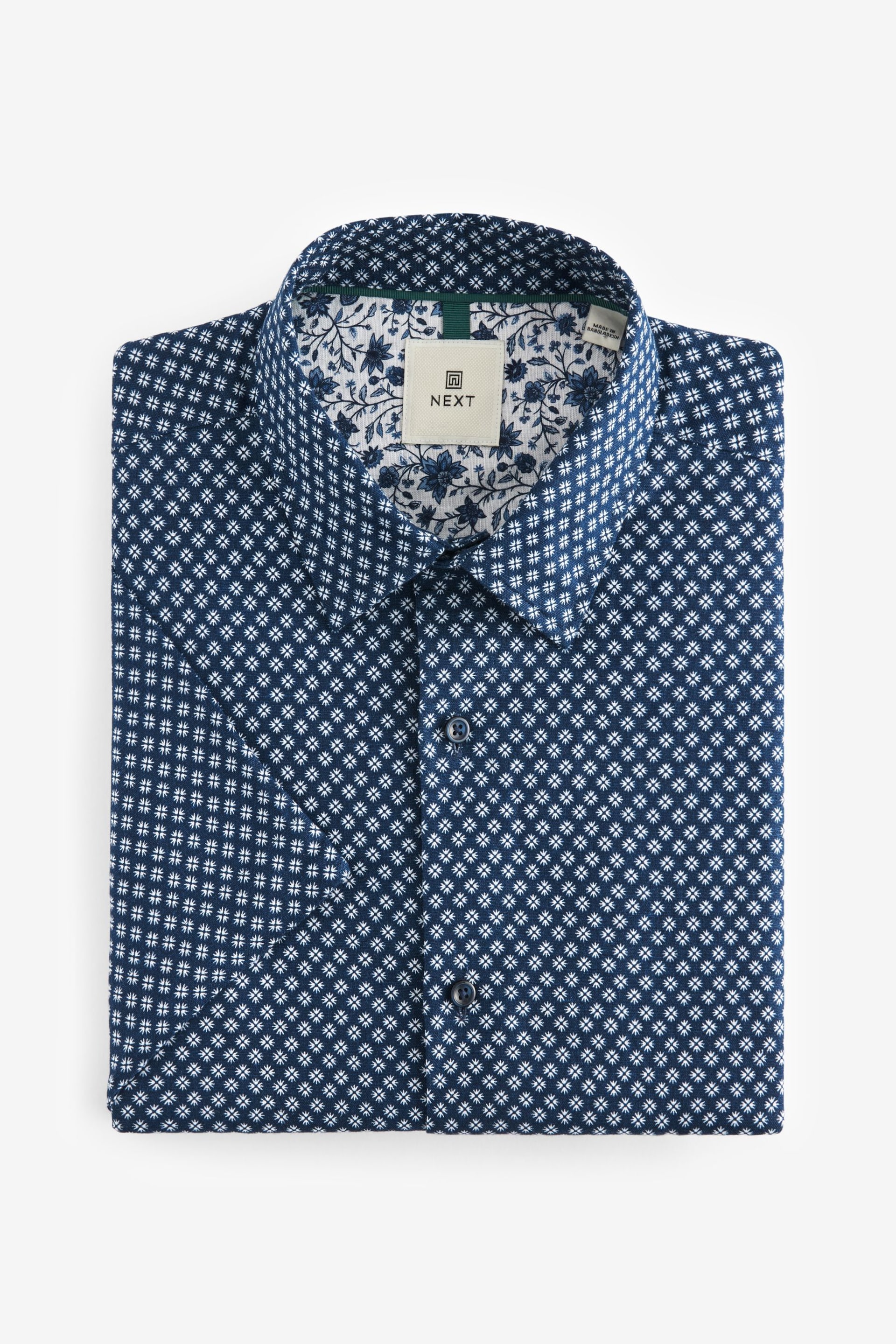 Navy Blue Geometric Printed Linen Blend Shirt - Image 6 of 8