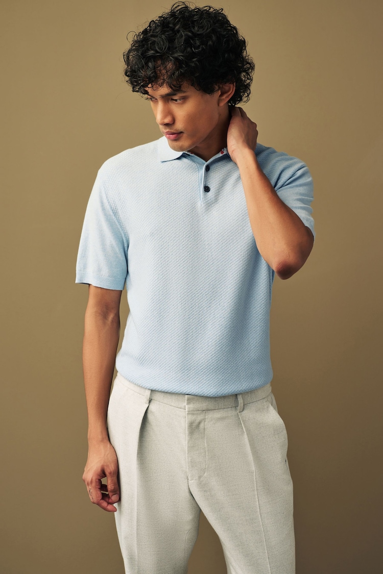 Blue Knitted Bubble Textured Regular Fit Polo Shirt - Image 1 of 4