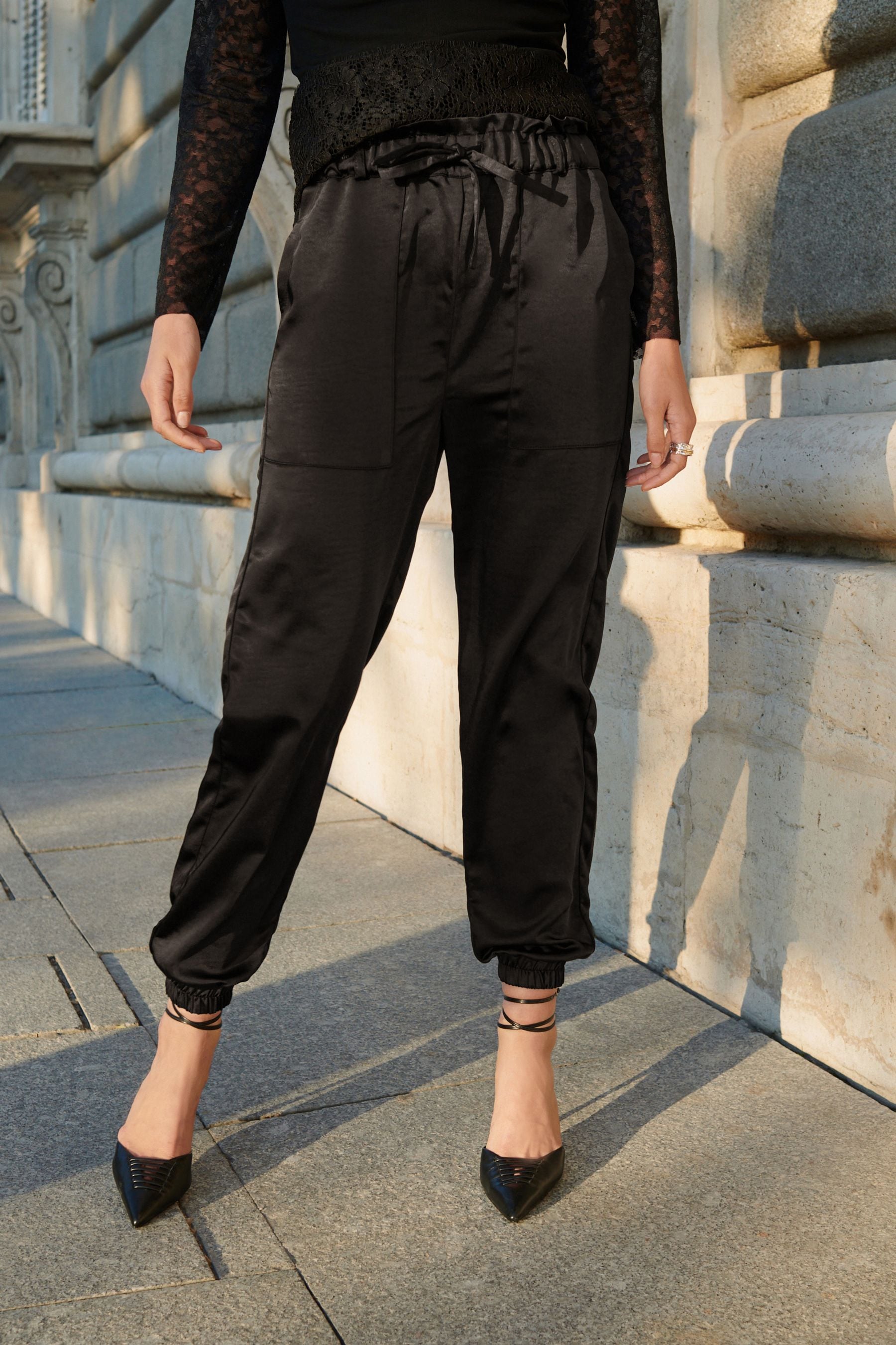 Satin black joggers online
