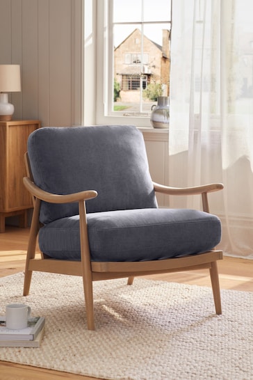 Fine Chenille Granite Blue, Light Oak Effect Frame Hampton Wooden Accent Chair