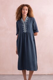 Celtic & Co. Blue Linen Embroidered Short Sleeve Midi Dress - Image 1 of 6