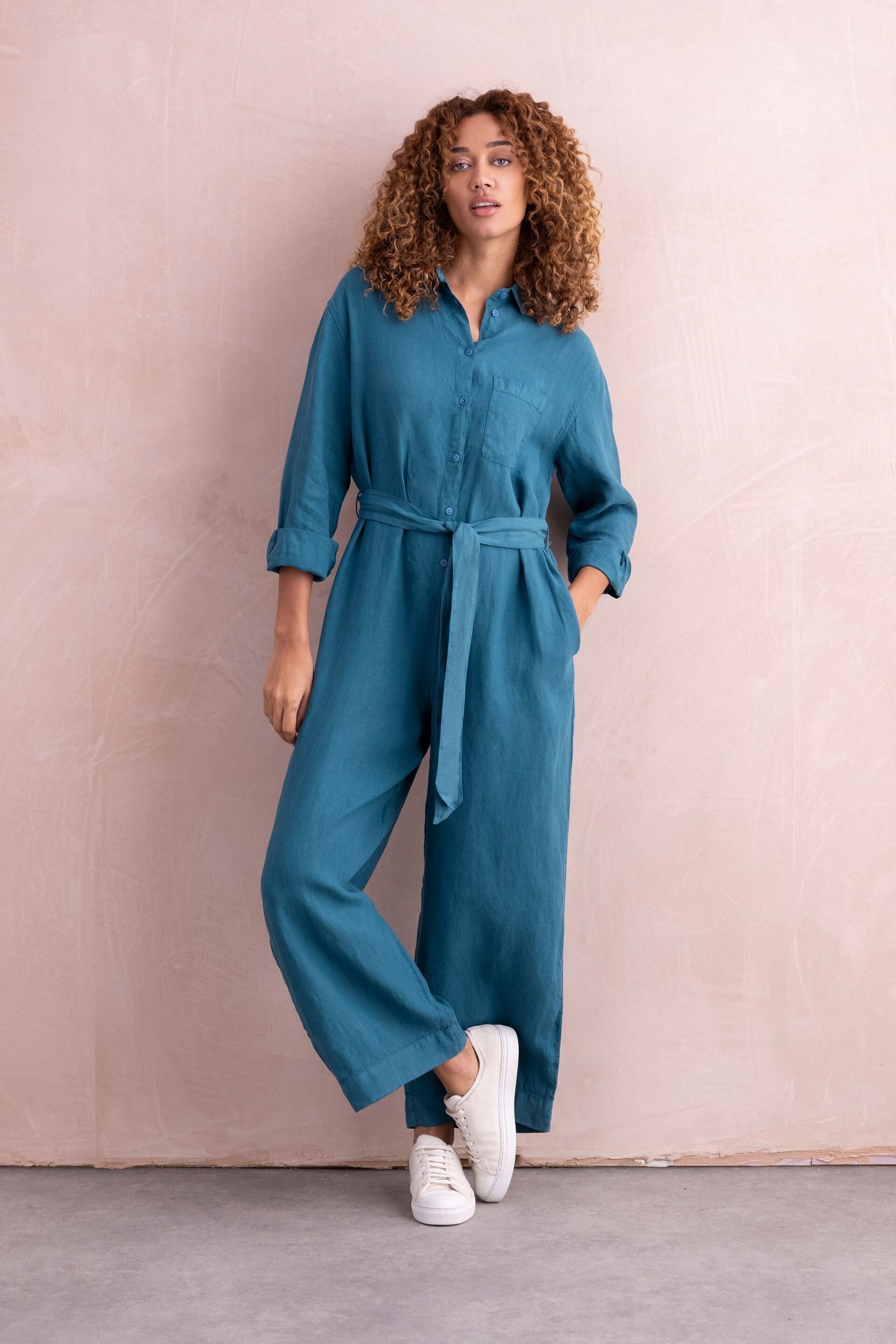 Celtic & Co. Blue Linen Long Sleeve Jumpsuit - Image 1 of 5