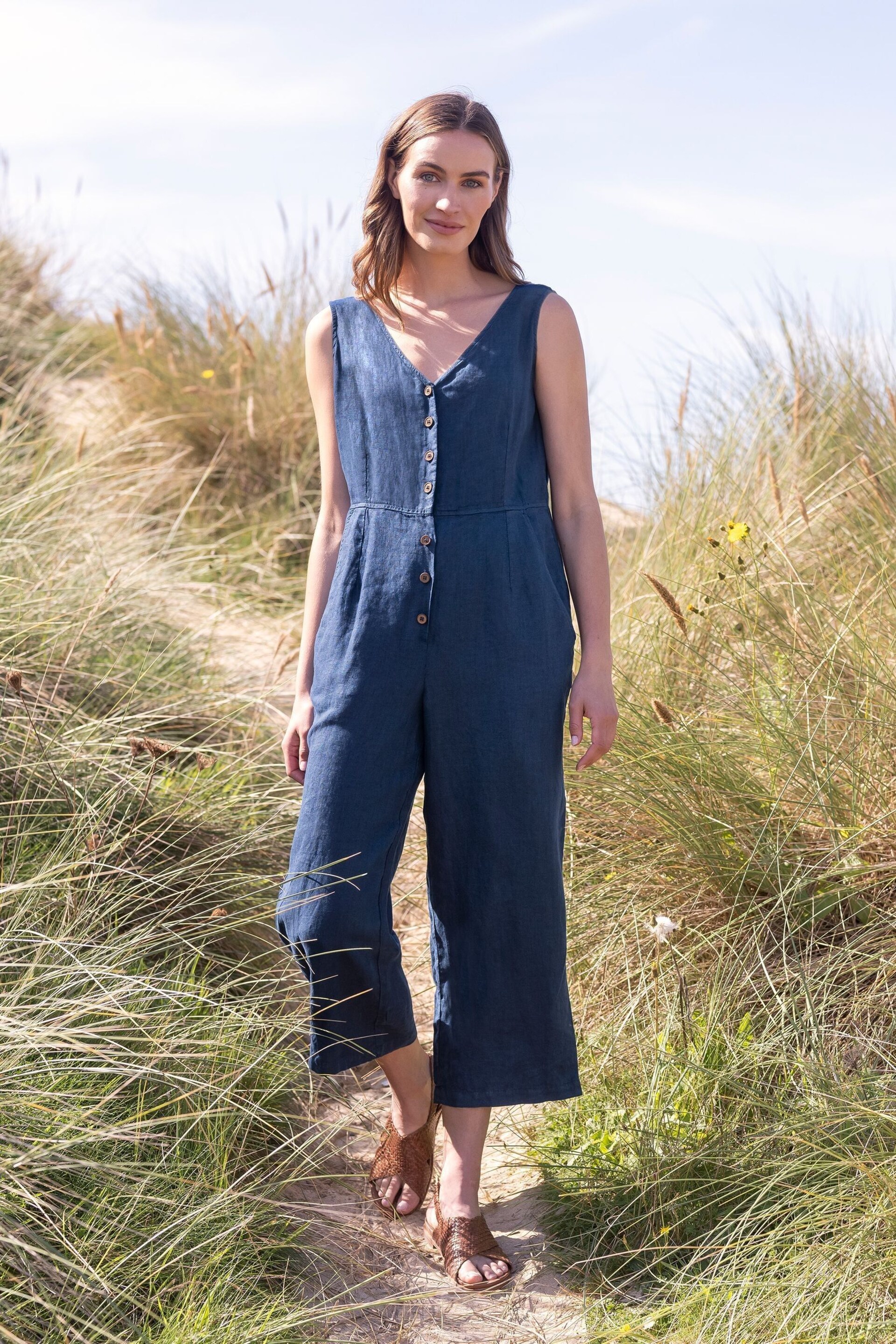 Celtic & Co. Blue Linen V Neck Sleeveless Jumpsuit - Image 2 of 8