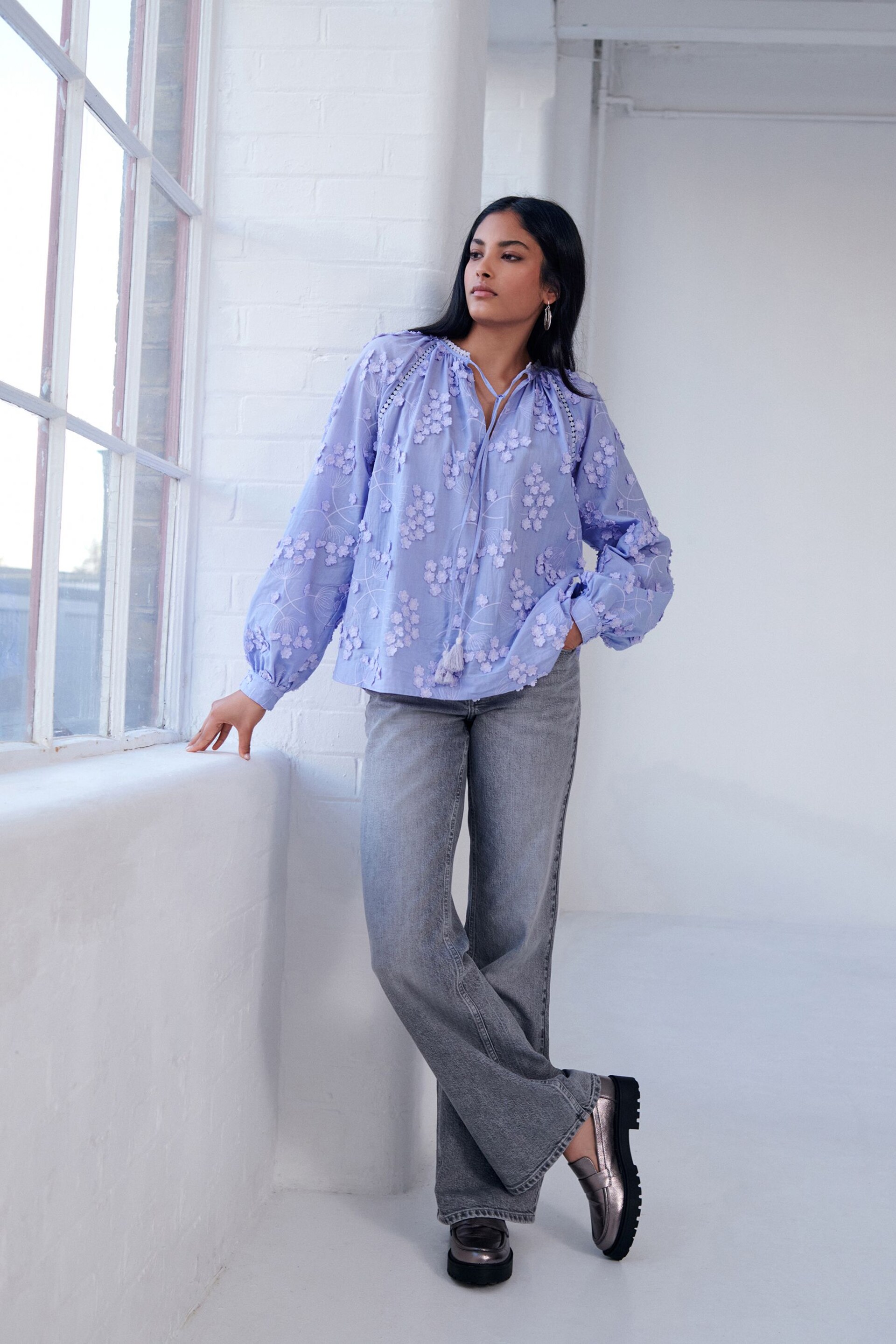 Lilac Purple Tie Neck Floral Blouse - Image 2 of 6