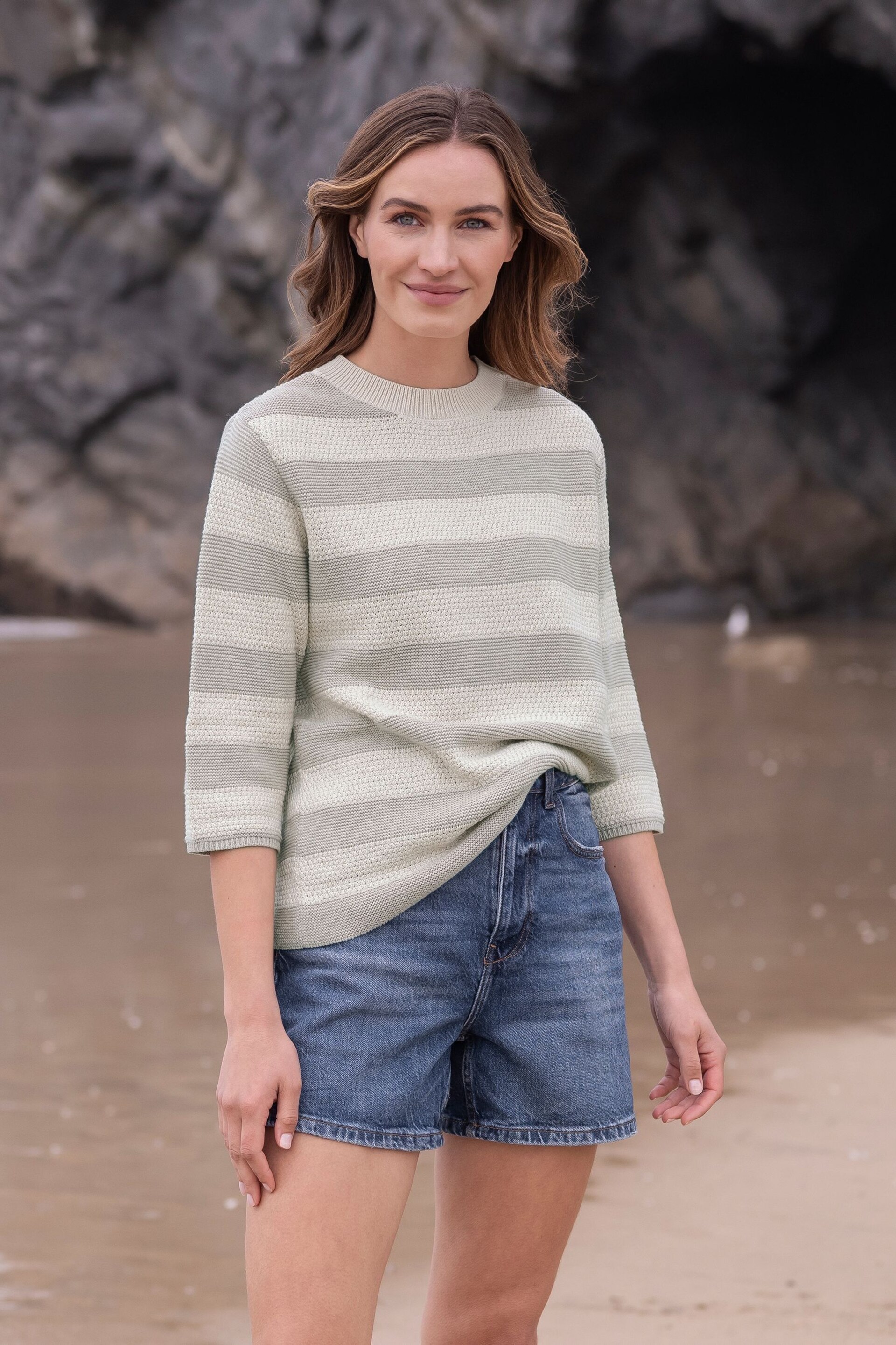 Celtic & Co. Cream Organic Cotton Textured Knit Half Sleeve Jumper - Image 1 of 6